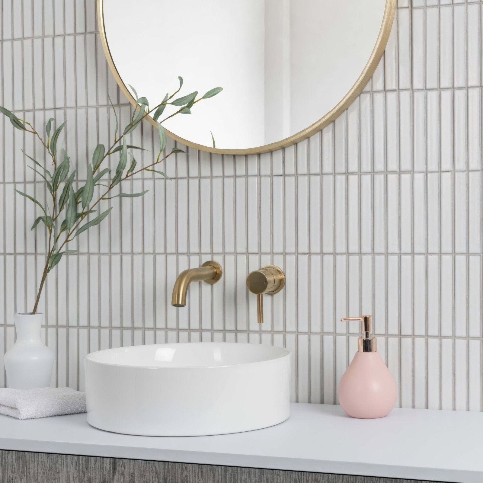 Kitkat White Mosaic white ceramic mosaic with a white vessel sink