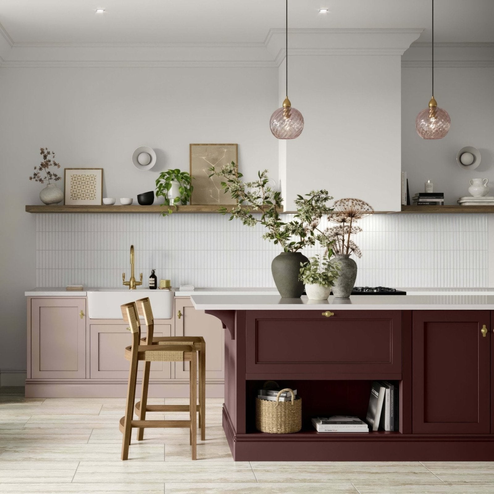 Kitkat White Mosaic white ceramic mosaic countertop on a maroon kitchen island with gold hardware