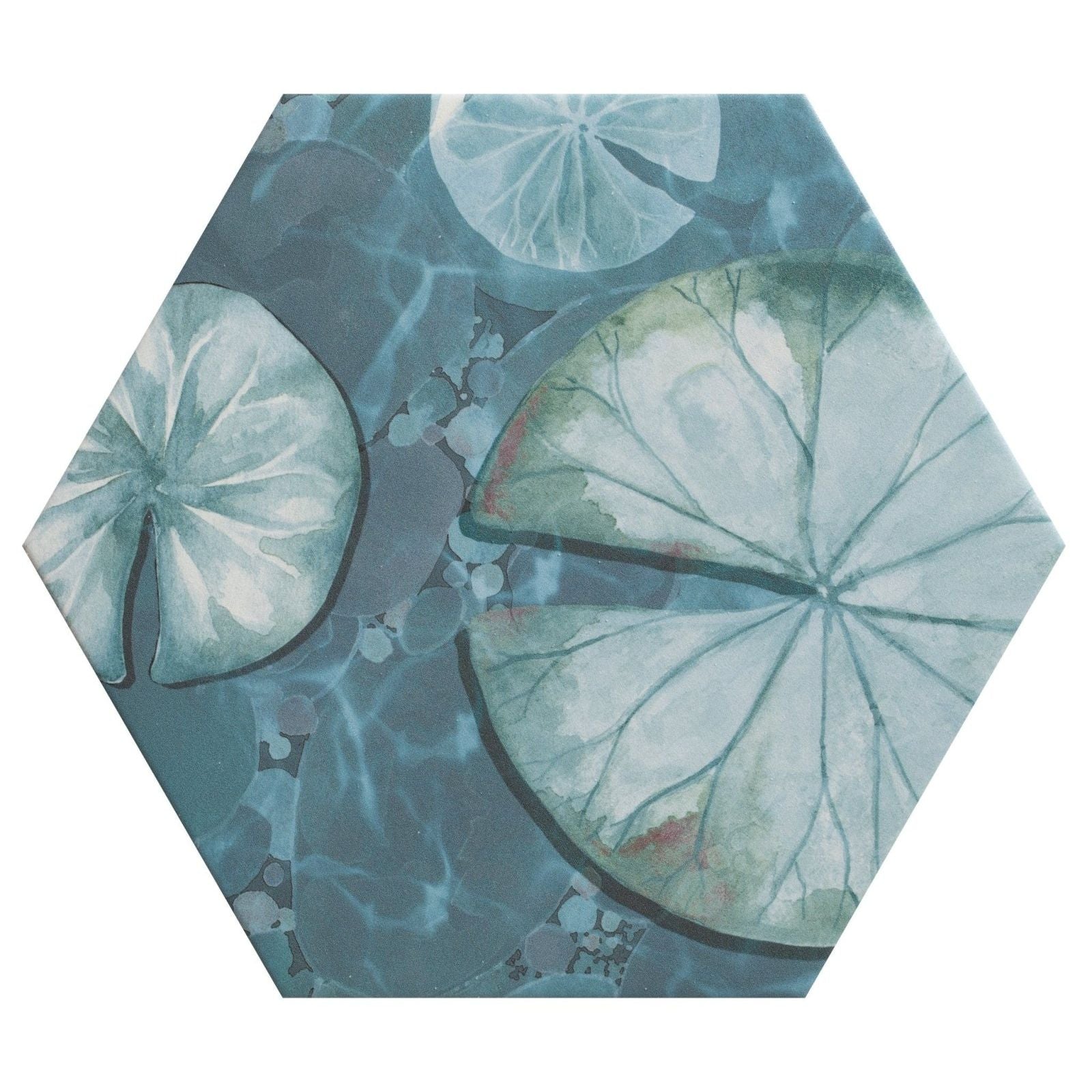 Kiyosumi porcelain hexagonal tile with watercolor lily pads in teal and green on a subtle blue aquatic background