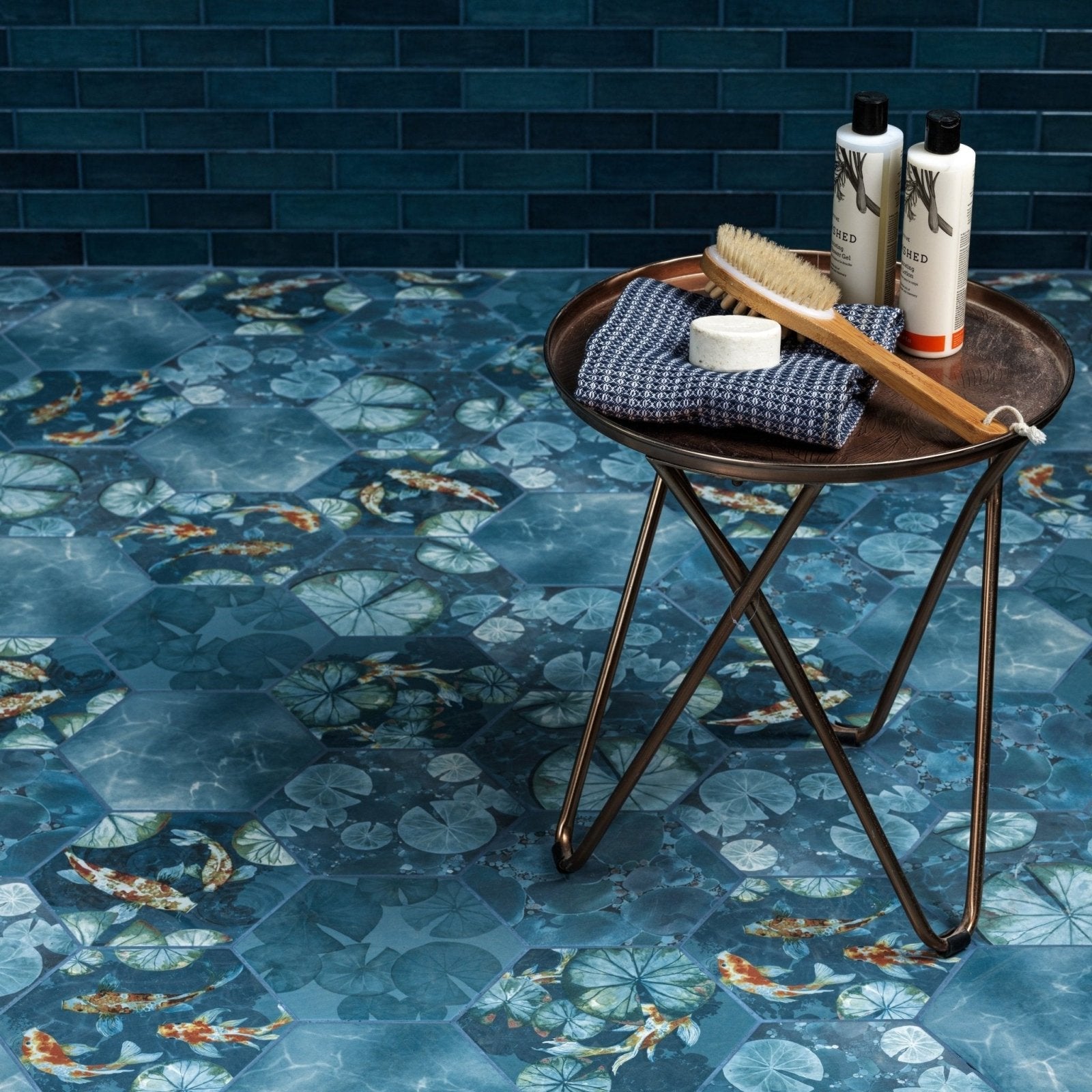 Kiyosumi Porcelain koi and lily pad patterned porcelain tile