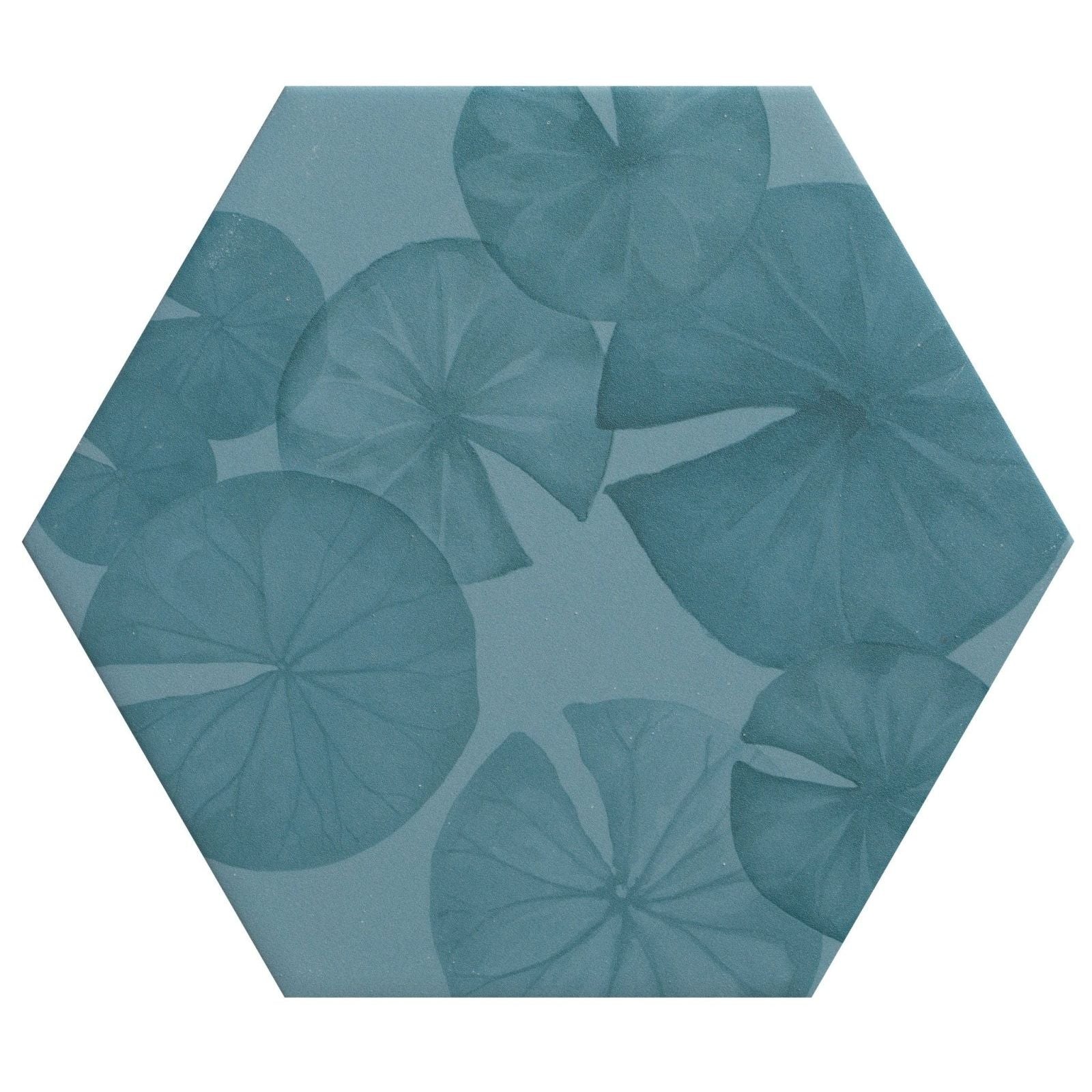 Hexagonal porcelain tile with translucent teal glaze and elegant semi transparent lily pad pattern kiyosumi porcelain