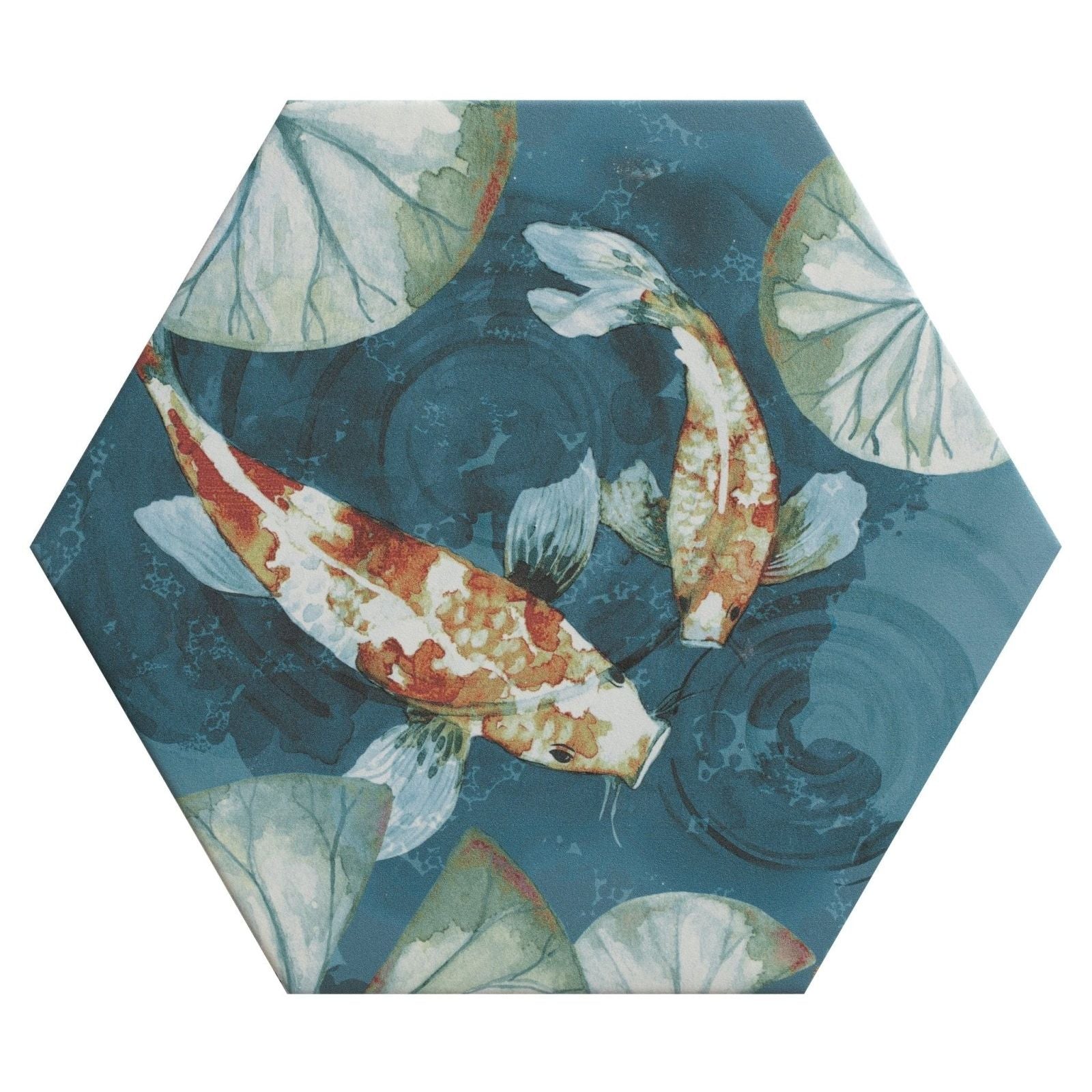 Hexagonal ceramic tile with watercolor-style orange and white koi fish among green lily pads on dark teal water by kiyosumi porcelain