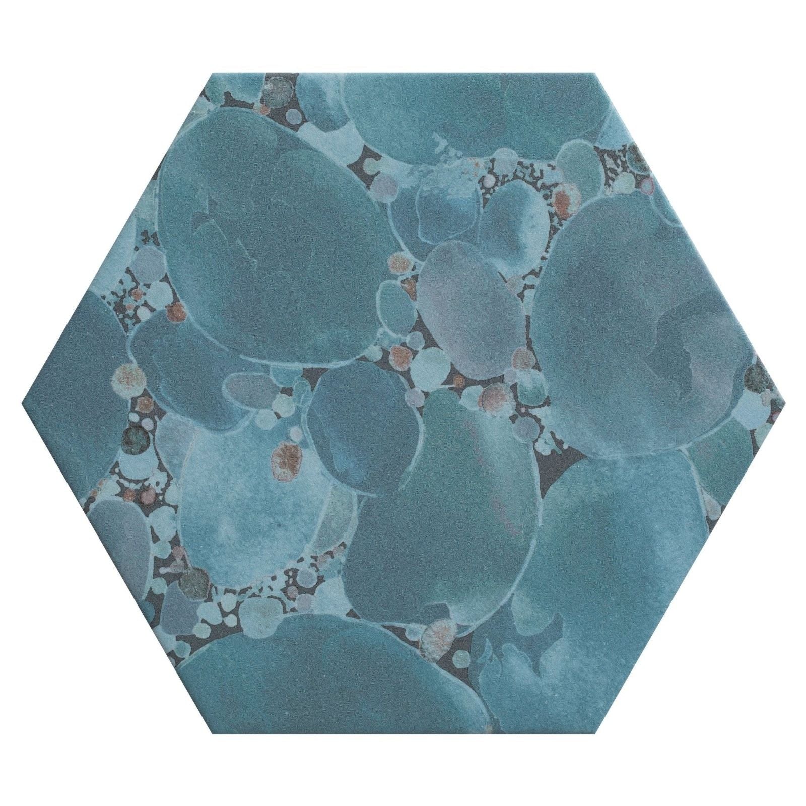 Hexagonal Kiyosumi porcelain tile with modern blue green translucent bubbles and pink beige speckles on dark background