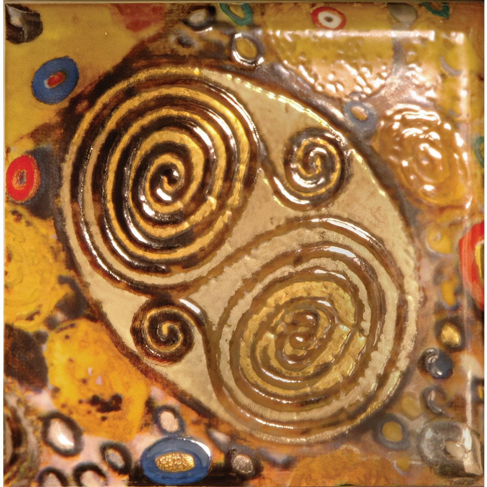A glossy ceramic tile titled klimt corner with swirling golden brown patterns and vibrant red blue yellow accents contains pure gold and platinum