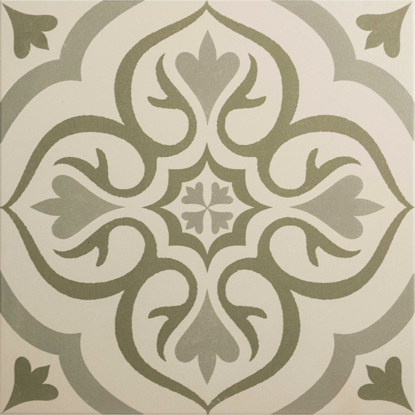 A square ceramic tile Knightshayes Green on Chalk with an intricate symmetrical floral pattern in olive green and cream