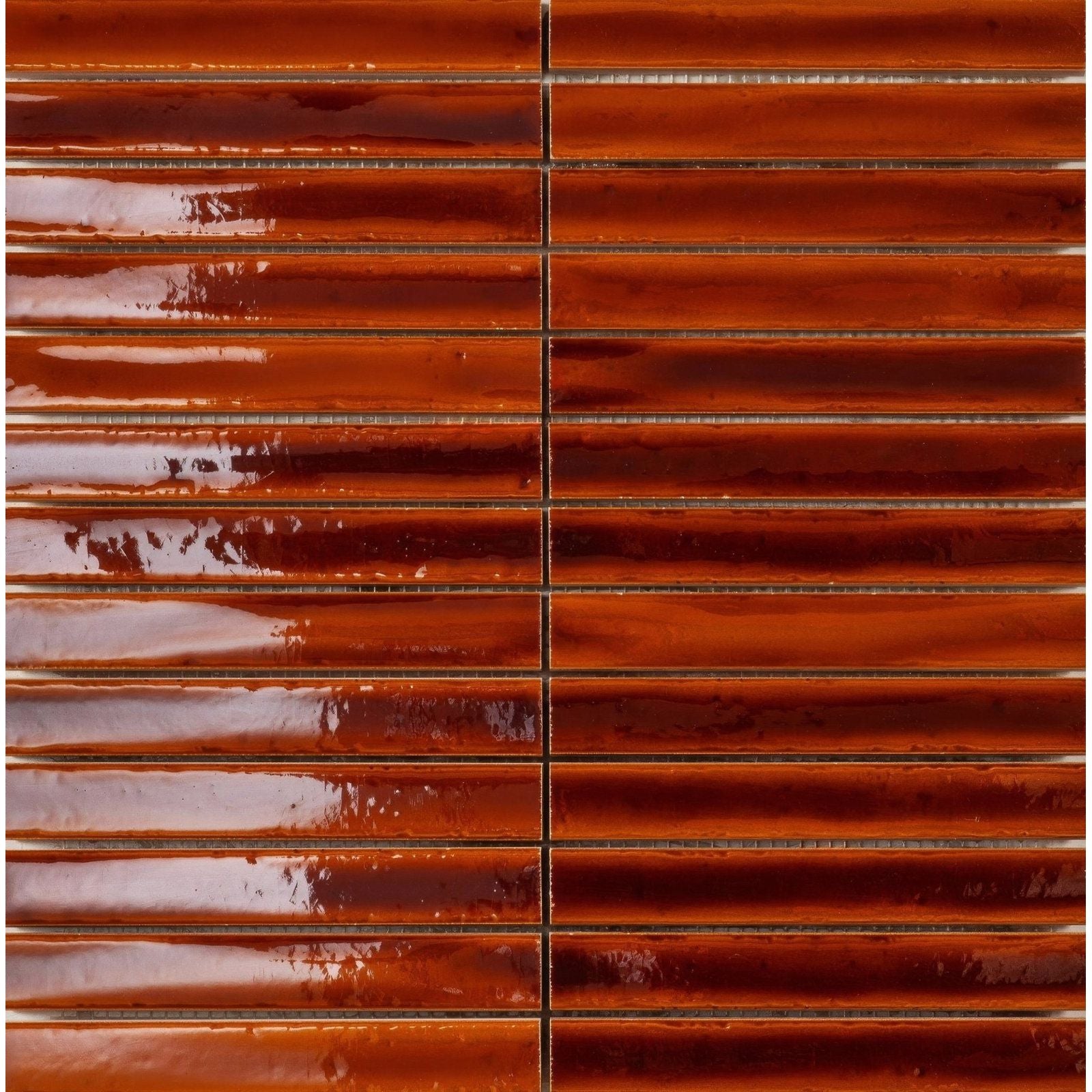 Rich amber glass mosaic tile koeda honey crackle with glossy reflective surface and subtle horizontal striations