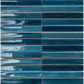 Blue glossy rectangular ceramic tiles with sapphire crackle finish arranged in a horizontal pattern with subtle shade variations