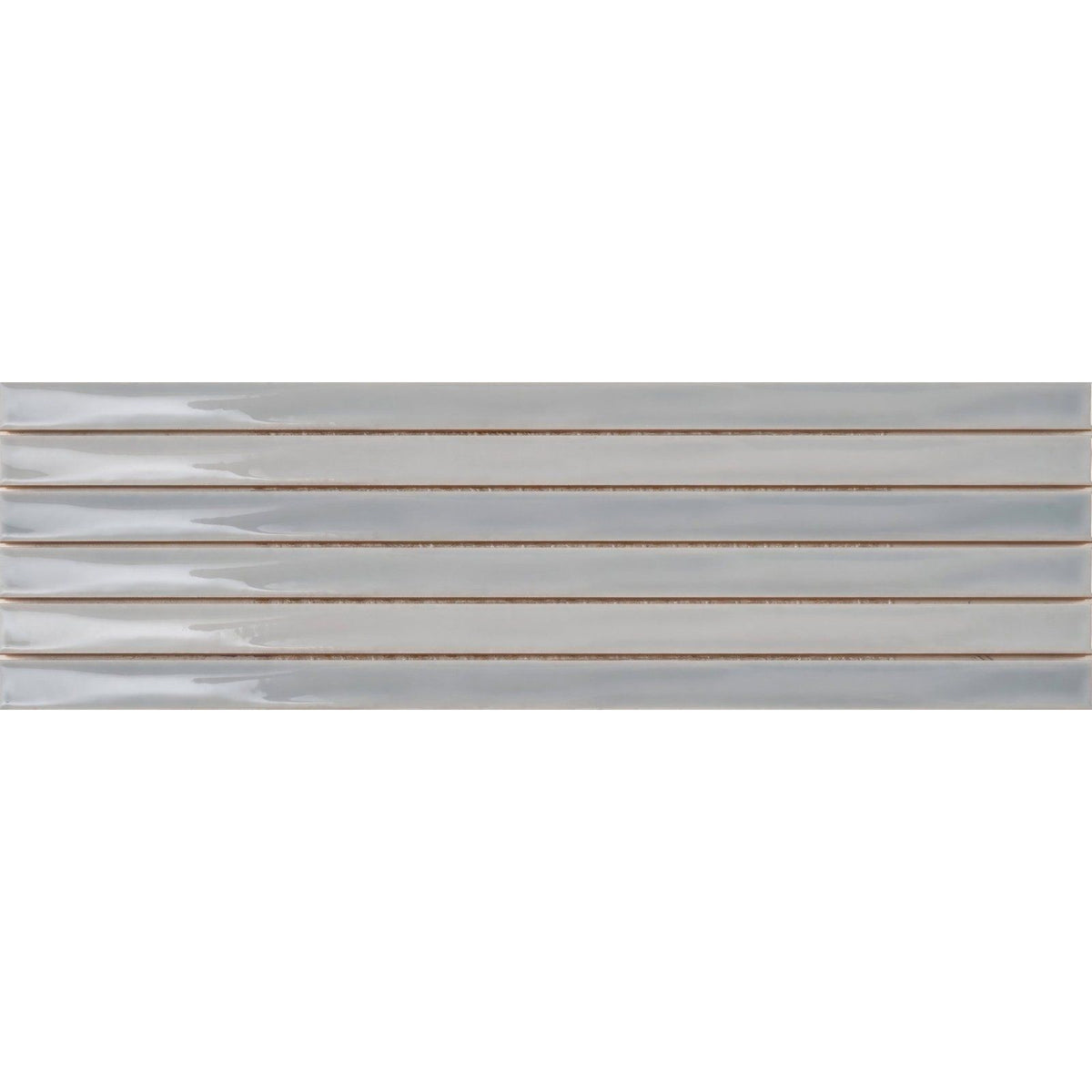 
Six sleek glossy gray rectangular ceramic tiles arranged horizontally from koeda xl metropolitan collection