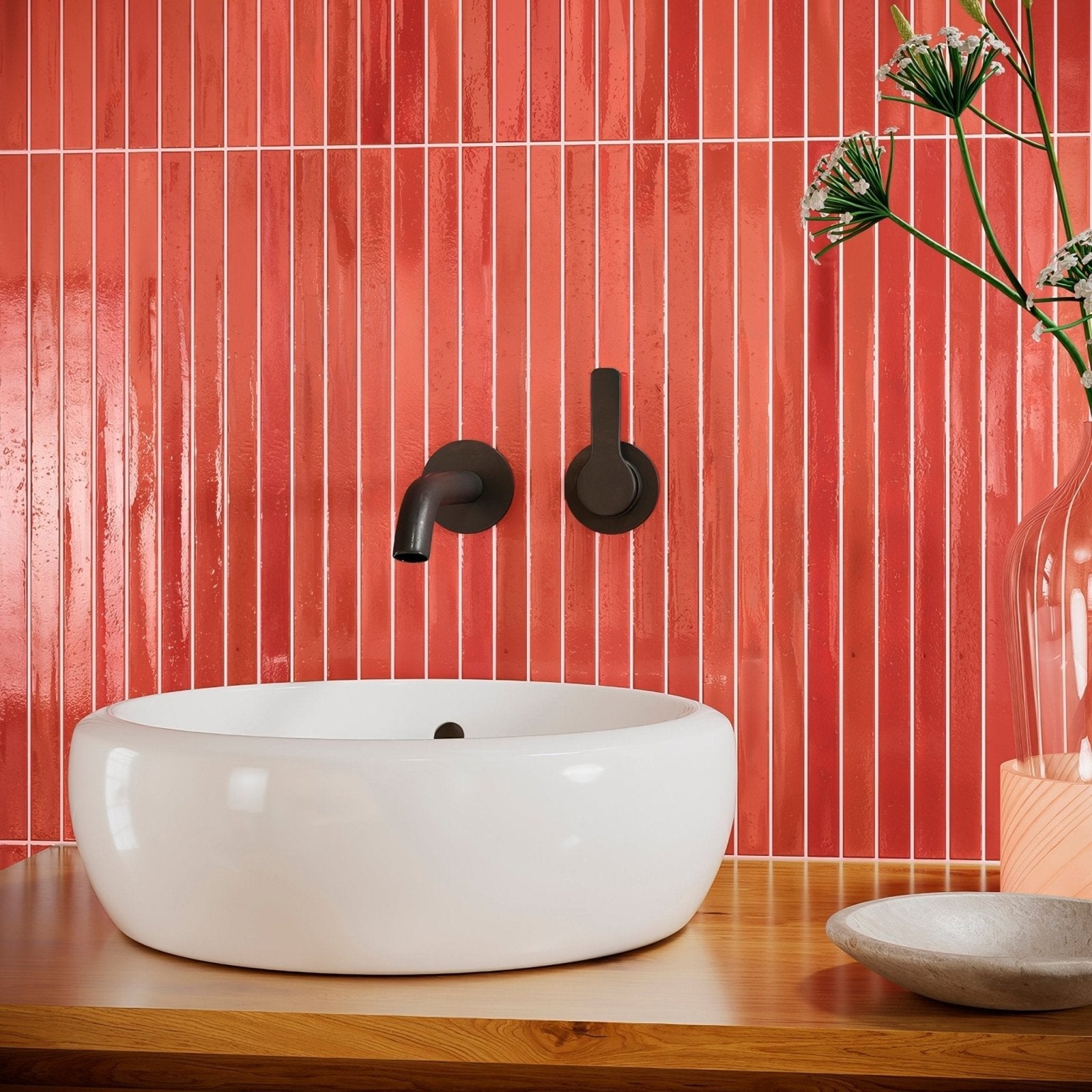 Koeda XL Wilde Coralito coral ceramic mosaic with a white vessel sink