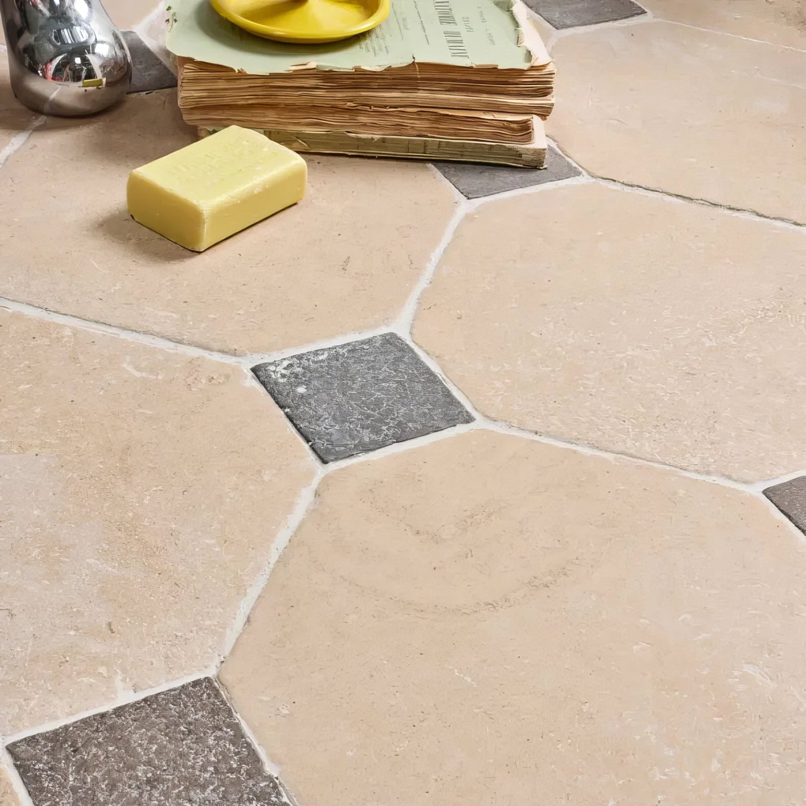 Beige and gray hexagonal lacock limestone tiles with heritage finish and rustic textured octagon and cabochons design