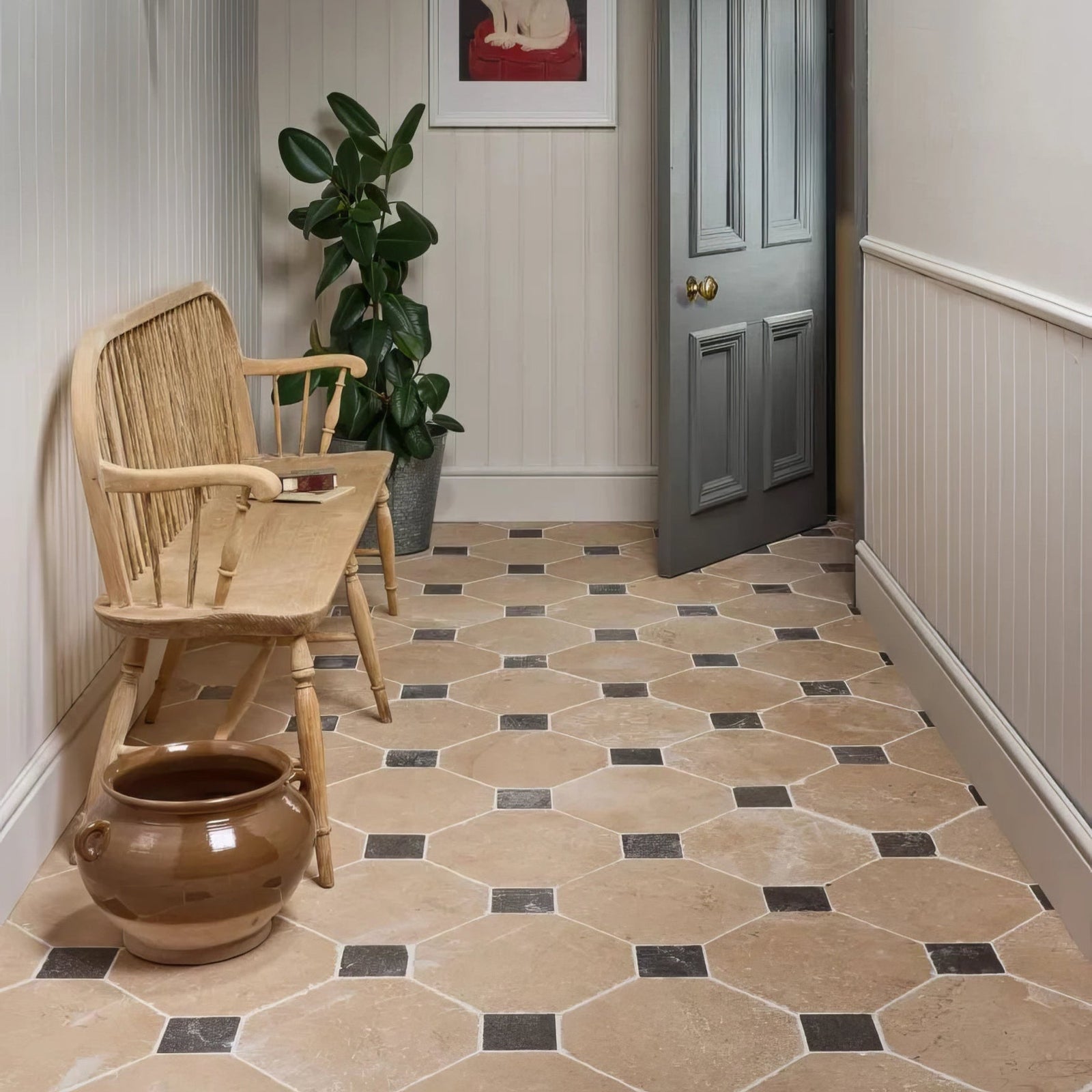 Beige and black lacock limestone heritage finish octagon and cabochons tile floor with subtle geometric pattern