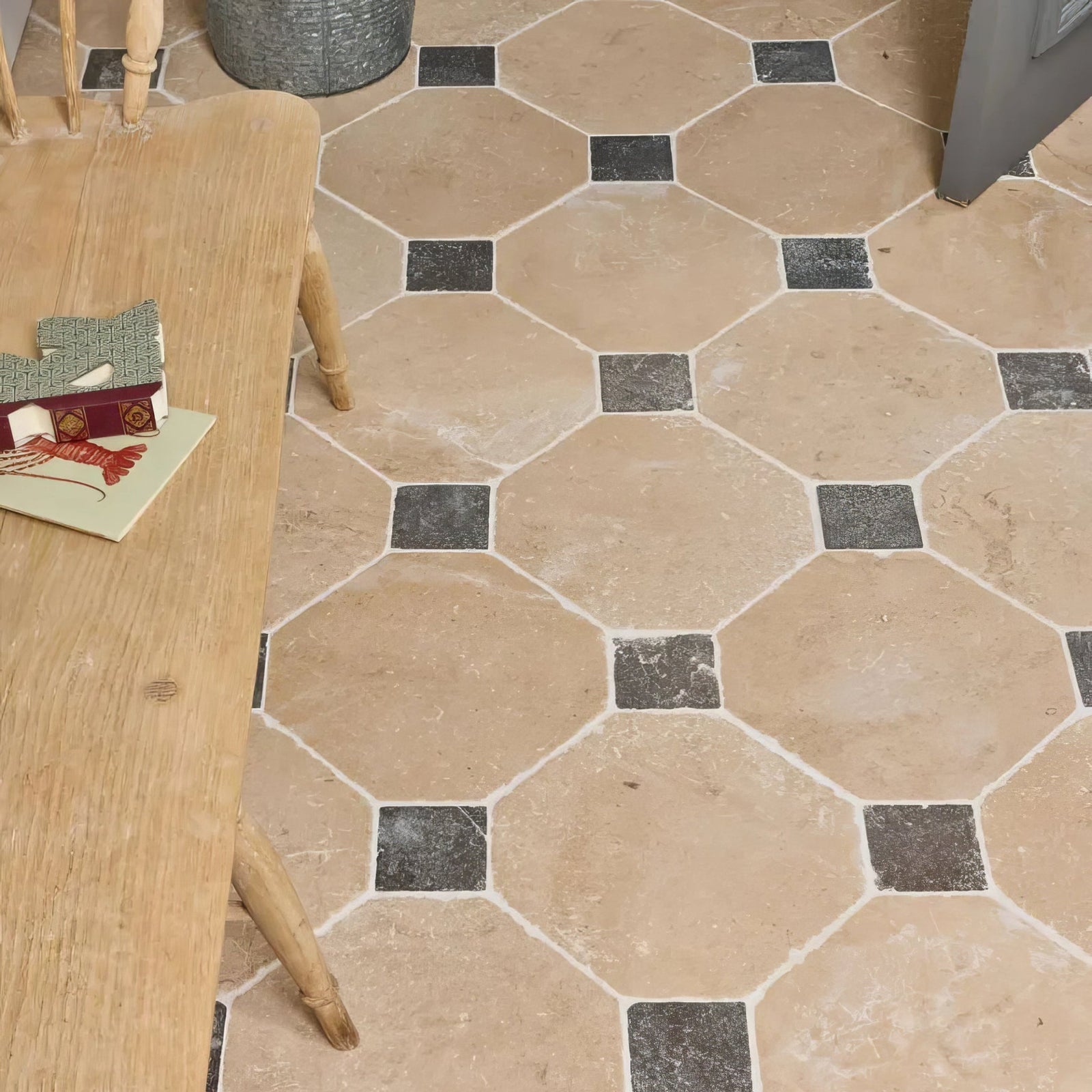 Beige lacock limestone heritage finish octagon floor tiles with black cabochon accents in hexagonal pattern