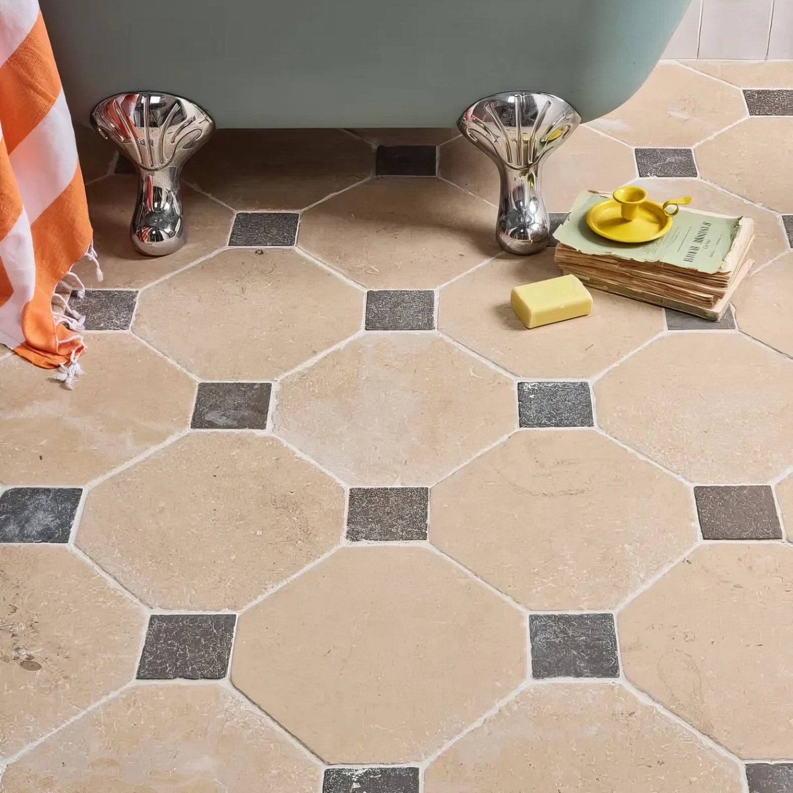 Beige and dark gray hexagonal limestone tile floor with classic vintage-inspired octagon and cabochons design