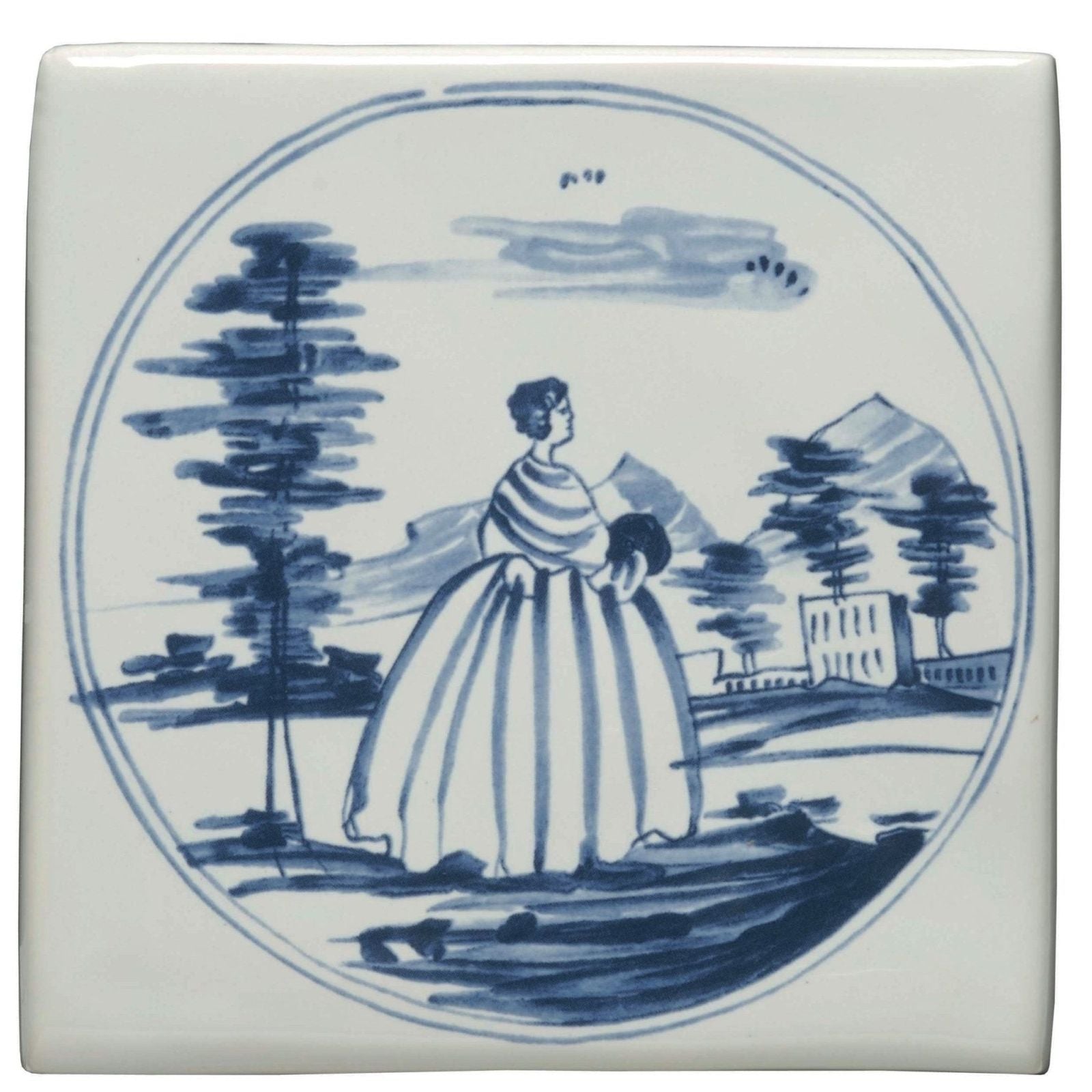 White ceramic tile with blue and white hand-painted scene of a woman in period dress outdoors titled lady with mansion in a landscape