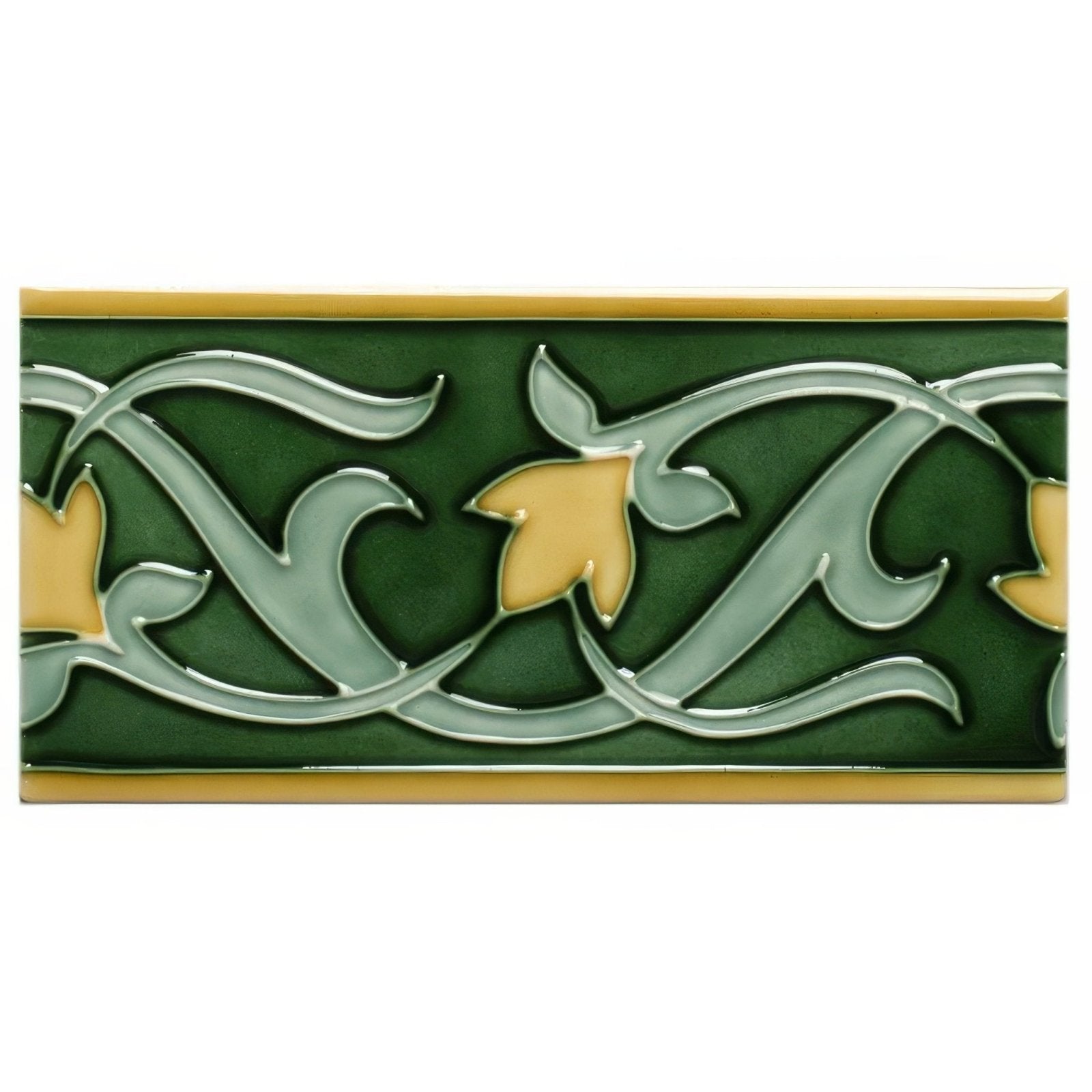 Green ceramic lafleur border tile with raised light green and gold leafy vine patterns and thin gold trim on victorian green