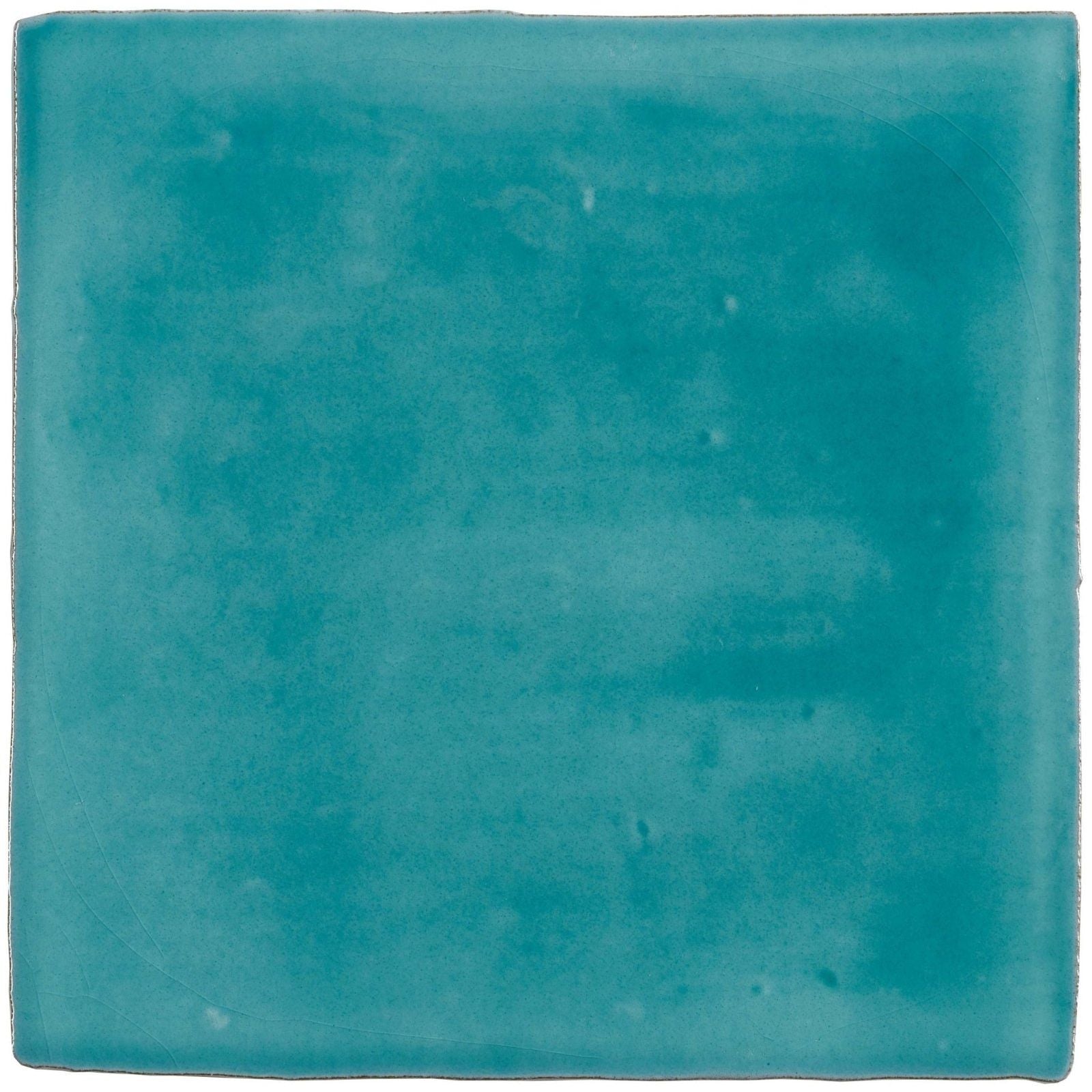 A square matte-finished turquoise ceramic lagoon field tile with subtle surface variations and minor imperfections