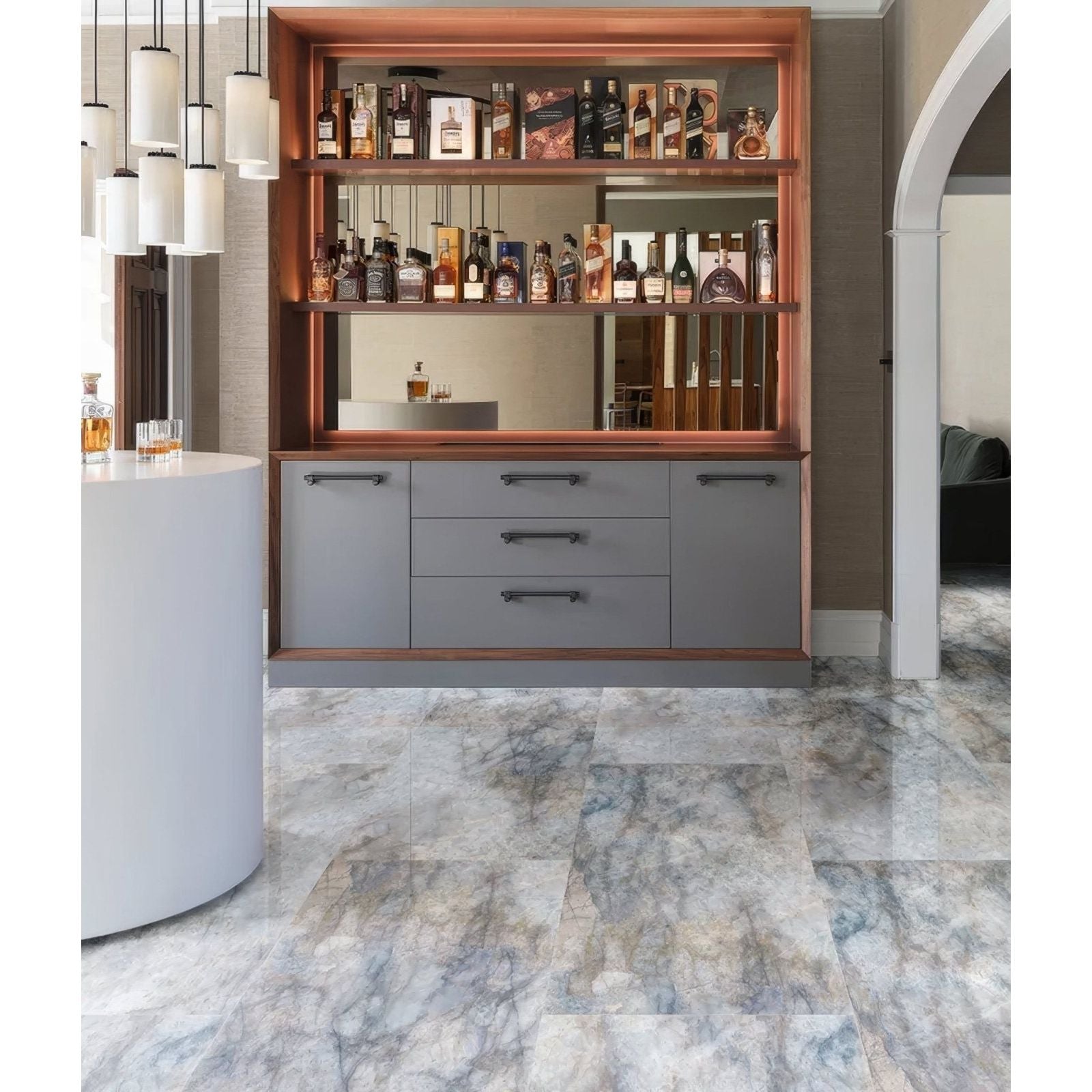 Lake Garda Minerale Pure Gloss Click Tile grey and beige marble-effect tiles with a bar cabinet and bottles
