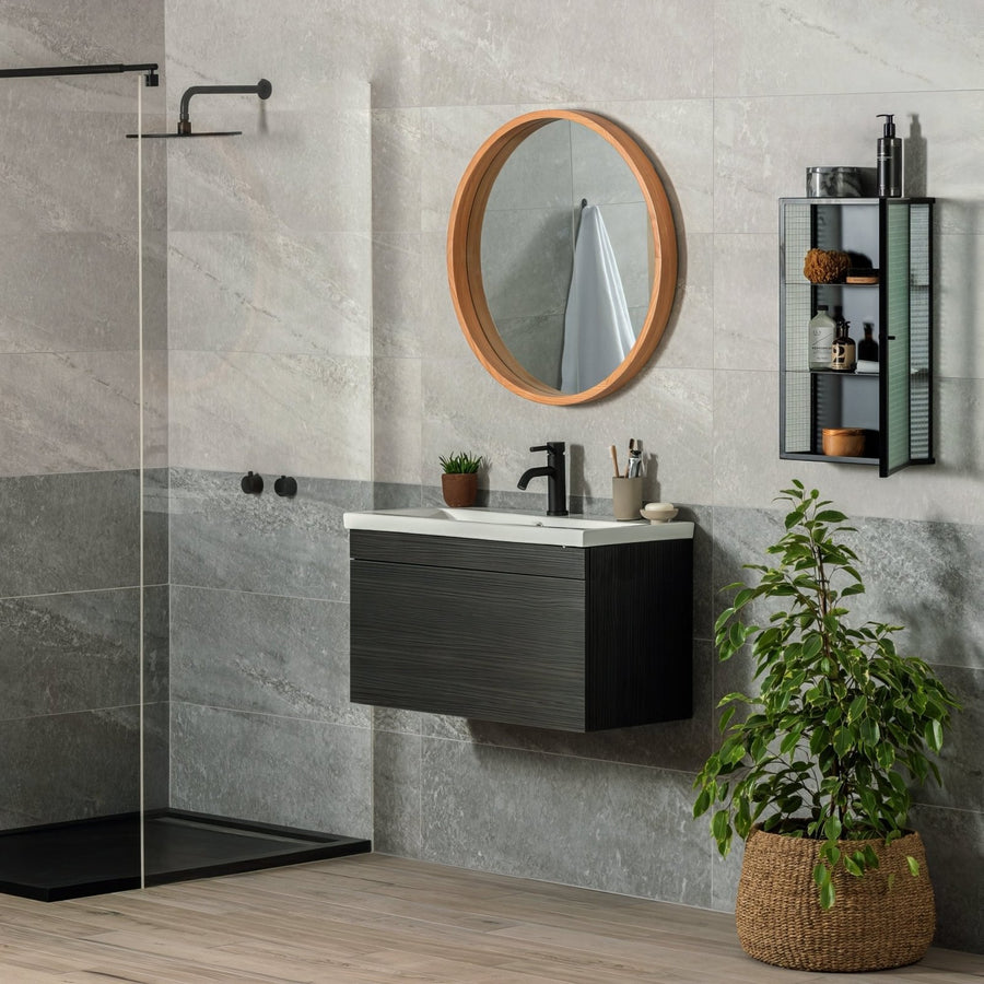 Black floating vanity with white countertop and modern faucet in lakeland taupe matt 90 x 15cm design