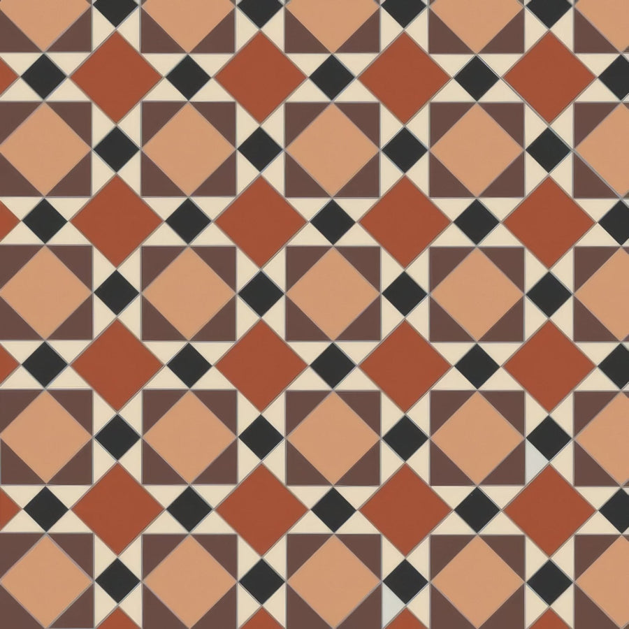 Terracotta and cream diamond-patterned mosaic tile floor in lambeth black brown buff red and white colors