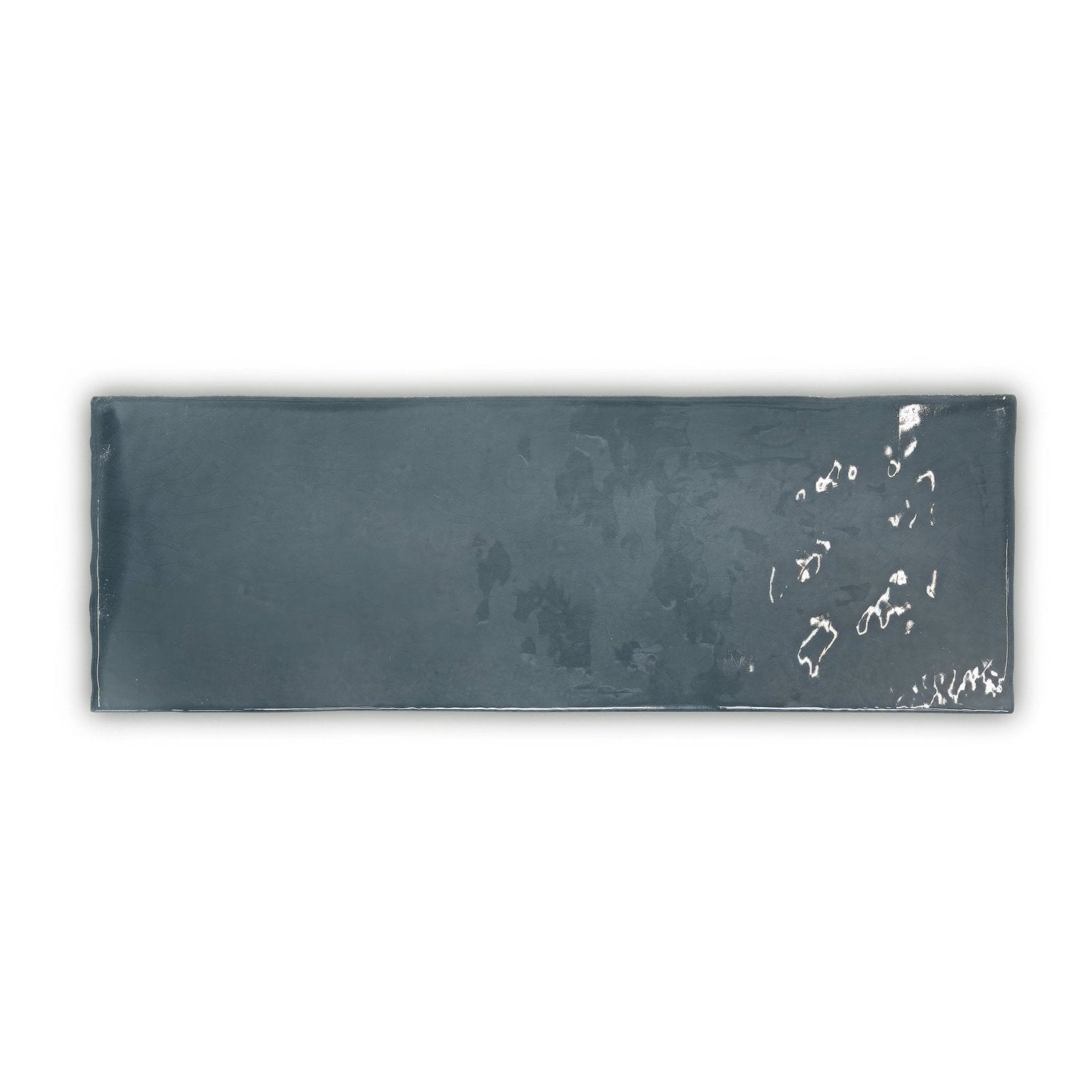 Landscape Mist Blue tile featuring a dark gray rectangular glossy finish with subtle white speckles on the right side