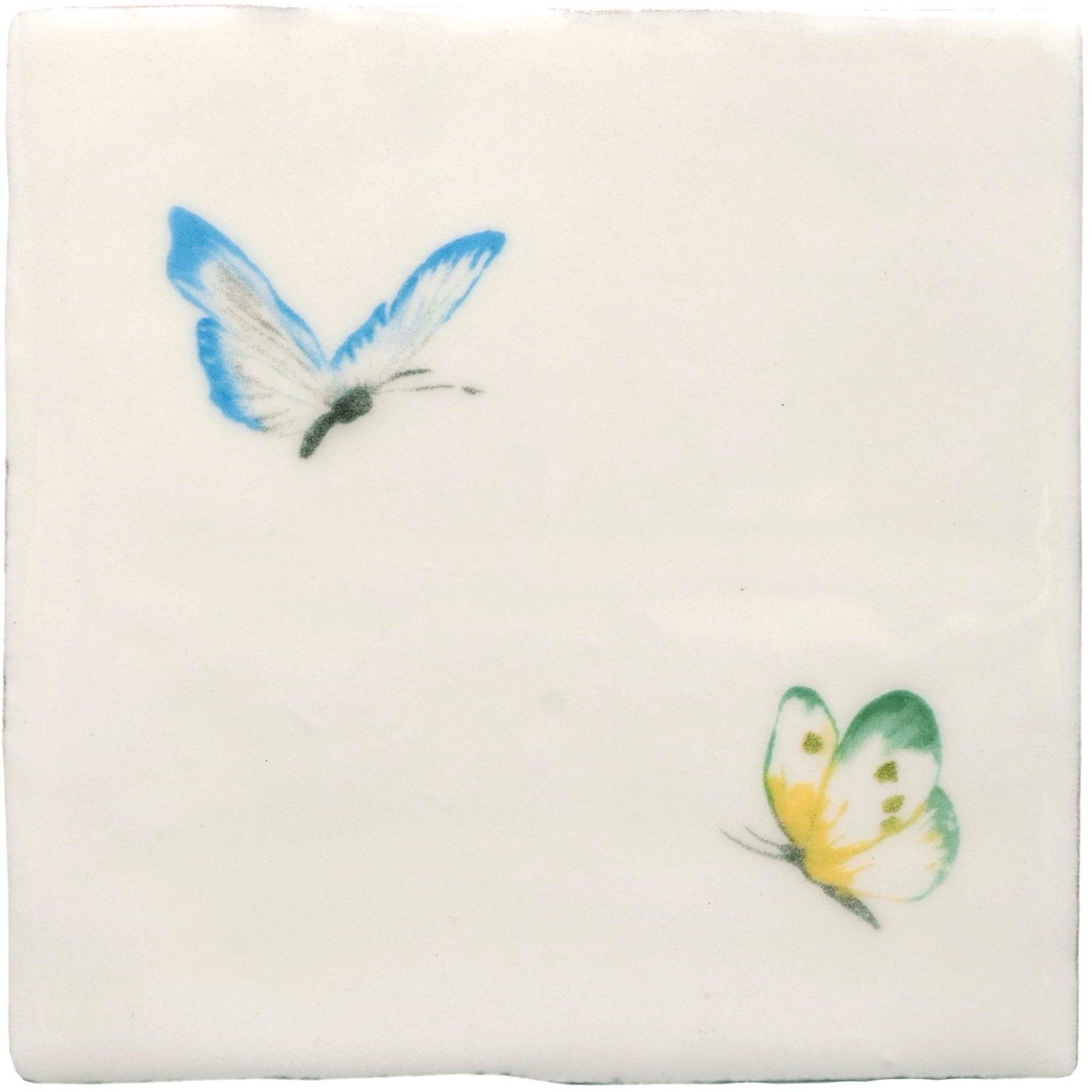 White ceramic tile with hand-painted blue white and yellow green butterflies in lavender sprite and emerald siren pastel design on cotton