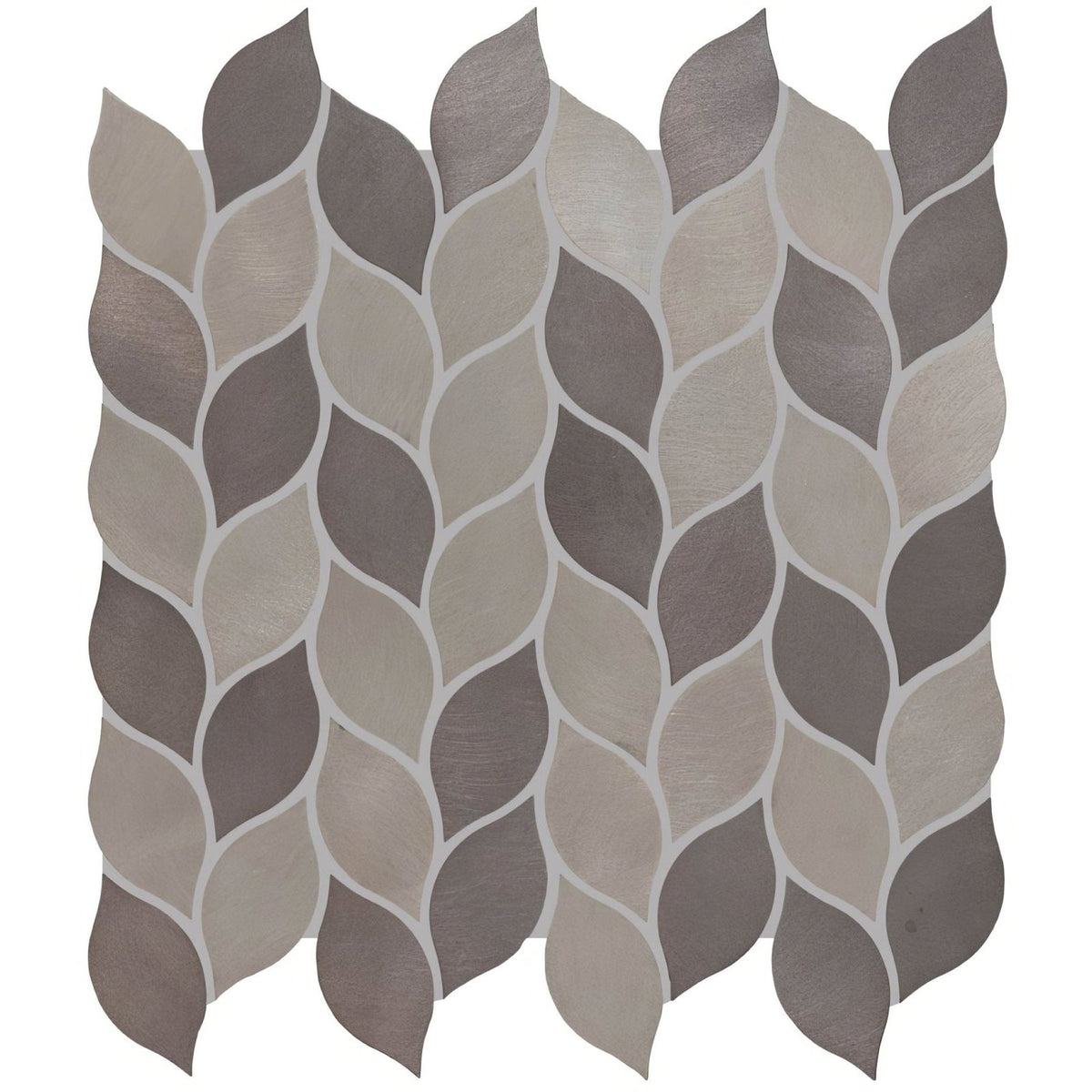 Leaf aluminium mosaic beige mix with gray and beige leaf-shaped tiles in a textured metallic interlocking pattern