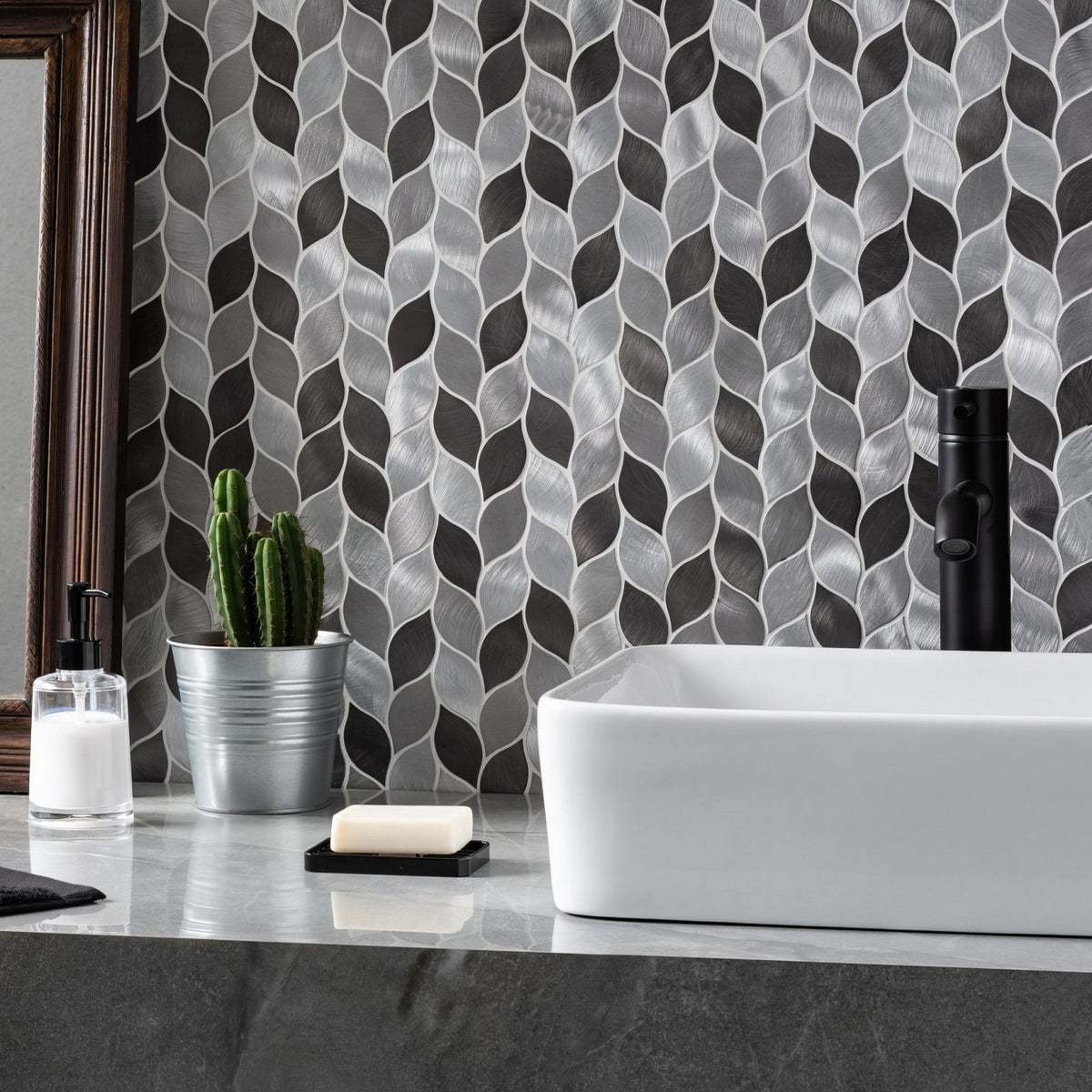 Modern metallic gray and silver wave-patterned leaf aluminium mosaic tile backsplash for kitchen or bathroom walls