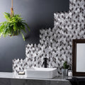 Modern silver-toned leaf aluminium mosaic backsplash with textured interlocking diamond pattern in grey silver mix