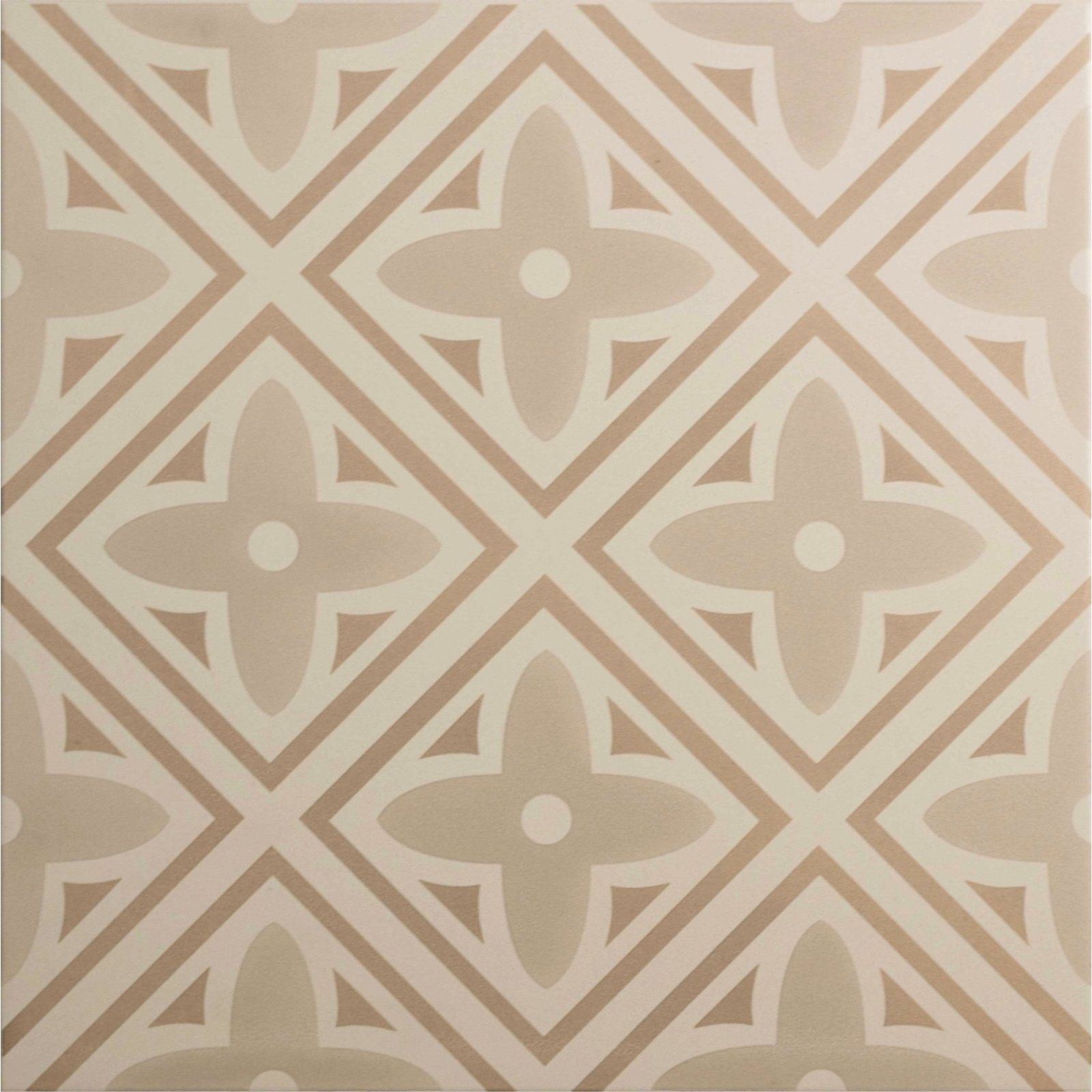 Leigh taupe on chalk ceramic tile with beige and cream geometric diamond pattern featuring stylized four petal motifs