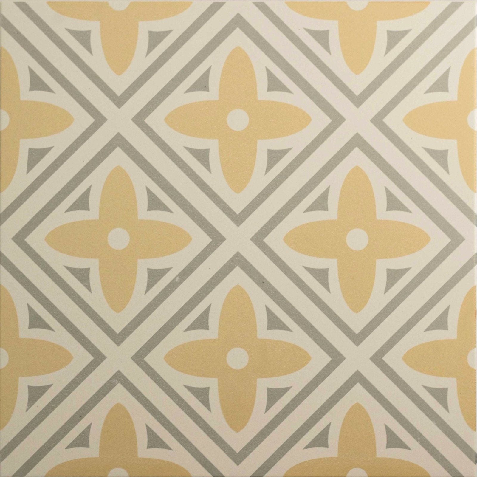Beige and gray geometric patterned tile leigh yellow on chalk with repeating diamond design and stylized yellow flowers