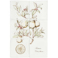 Set of six white ceramic tiles with botanical lemon and leaf illustrations in green yellow and pink on cotton panel