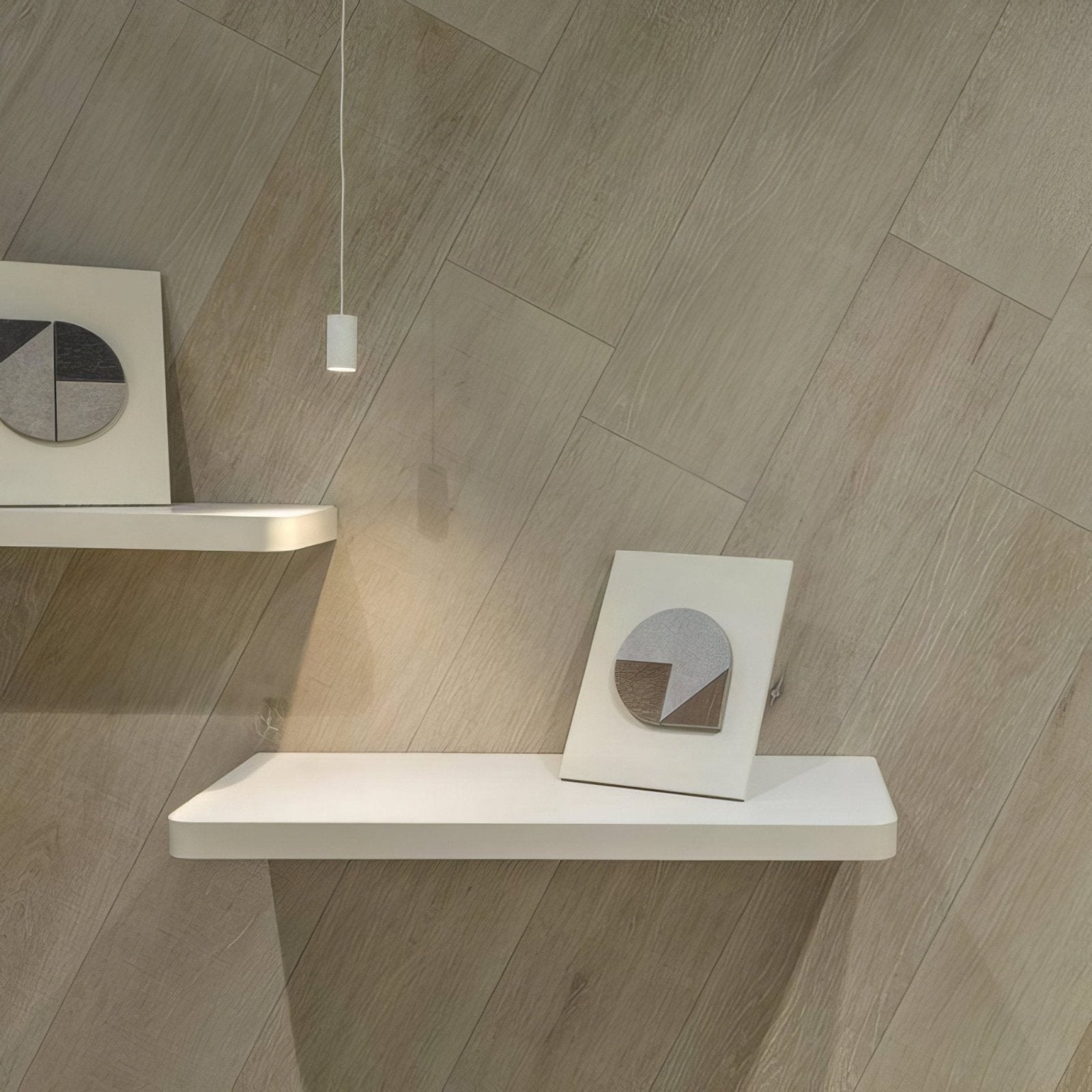 White floating shelf with minimalist design and clean lines paired with lenke maple wood effect tiles