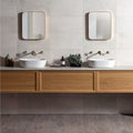 Lignum Grey Natural Rectified Glazed Porcelain grey wood-effect porcelain tiles with white vessel sinks