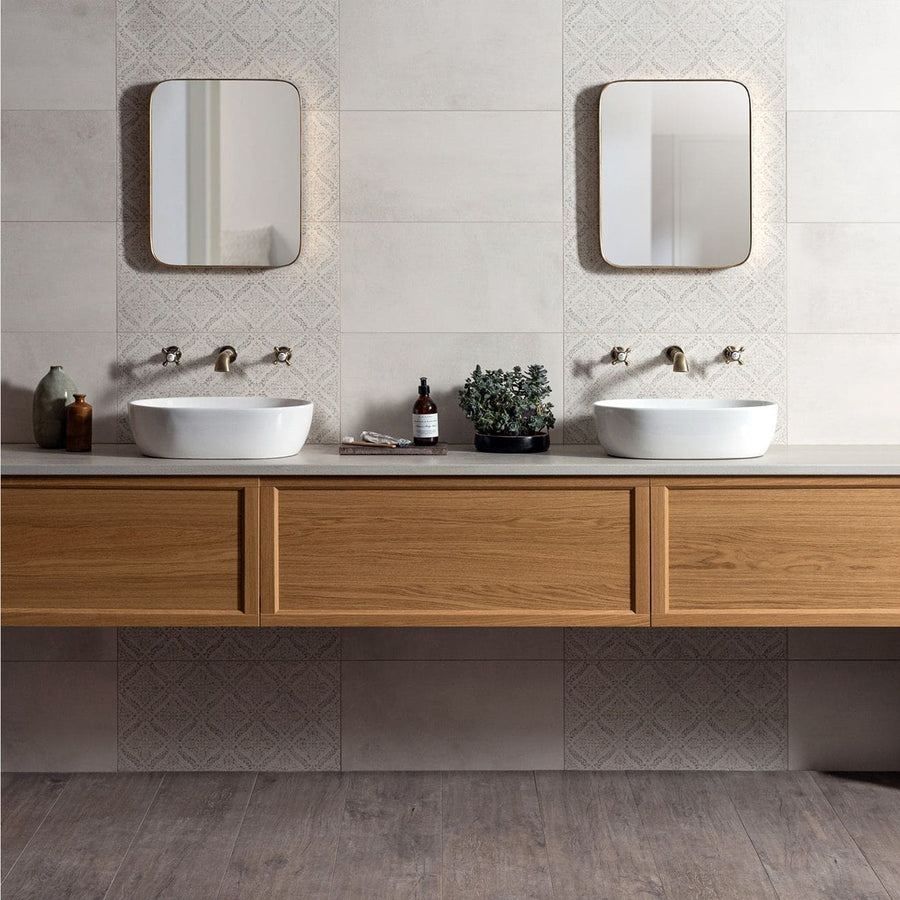 Lignum Grey Natural Rectified Glazed Porcelain grey wood-effect porcelain tiles with white vessel sinks