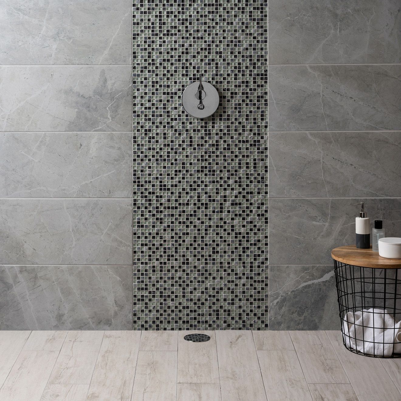 Lignum White Natural Rectified Glazed Porcelain white wood-effect porcelain tiles with a chrome showerhead
