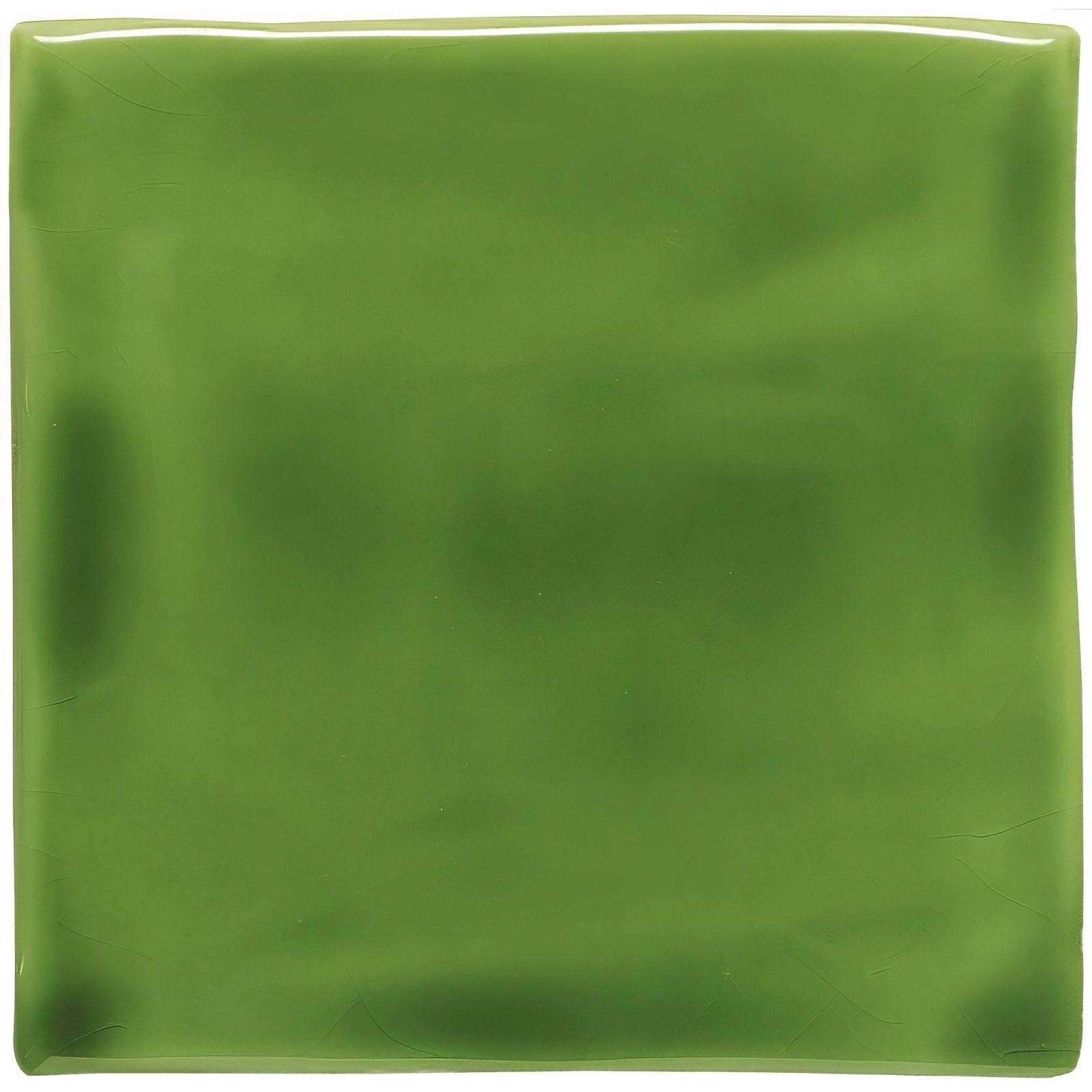 A square glossy lime green ceramic field tile with a smooth slightly reflective surface