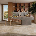 Concrete island countertop with matte gray finish and integrated sink in Lincoln Beige Opus design