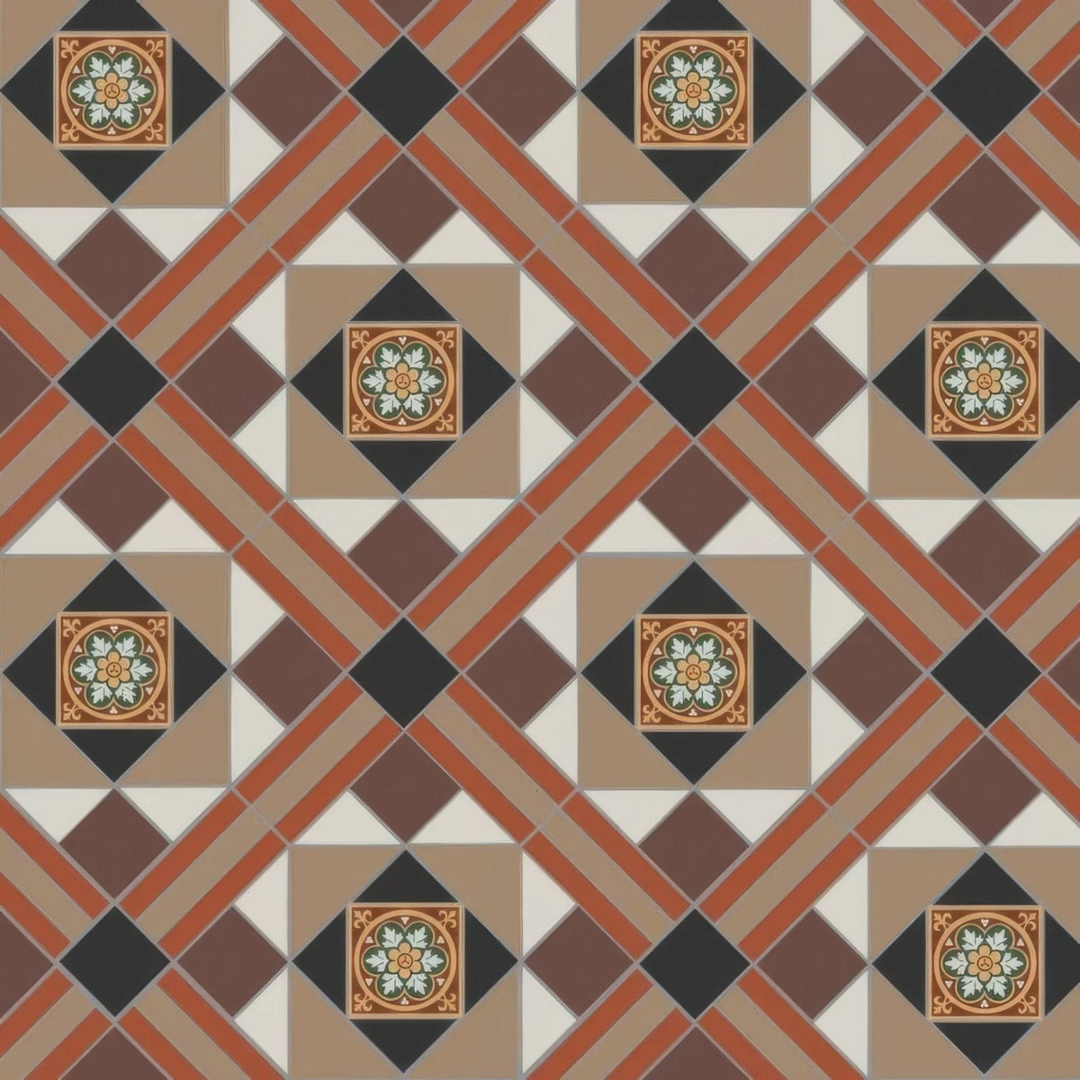 Terracotta and black diamond patterned floor tile with ornate cream green and gold floral medallions lindisfarne black brown red regency bath with livingstone green on buff