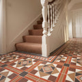 Intricate geometric mosaic floor tiles lindisfarne black brown red regency bath white with livingstone green on buff