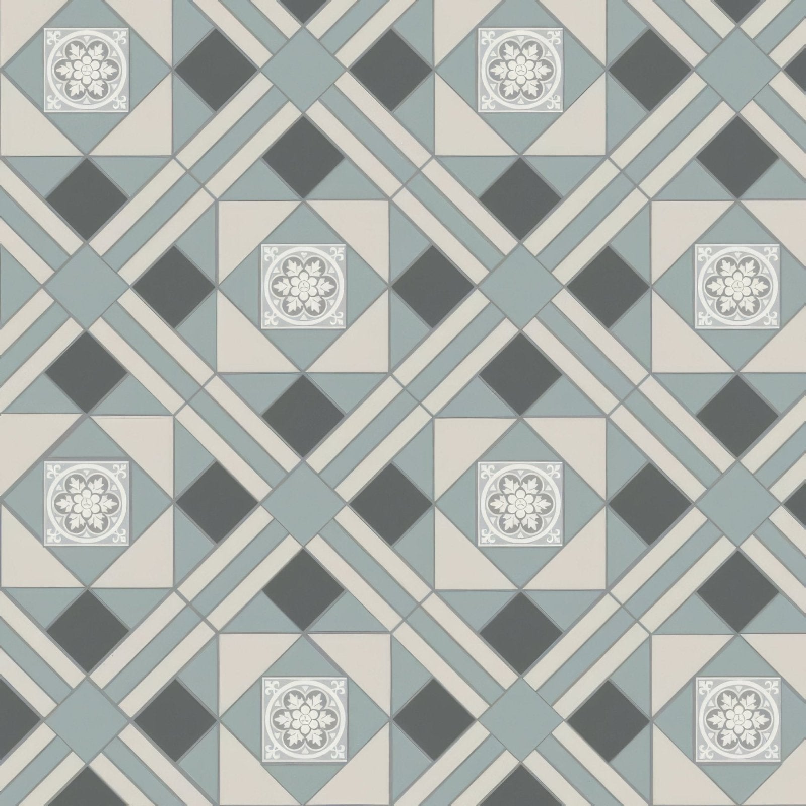 Lindisfarne dover white grey and revival grey geometric patterned floor tile with ornate white floral medallions
