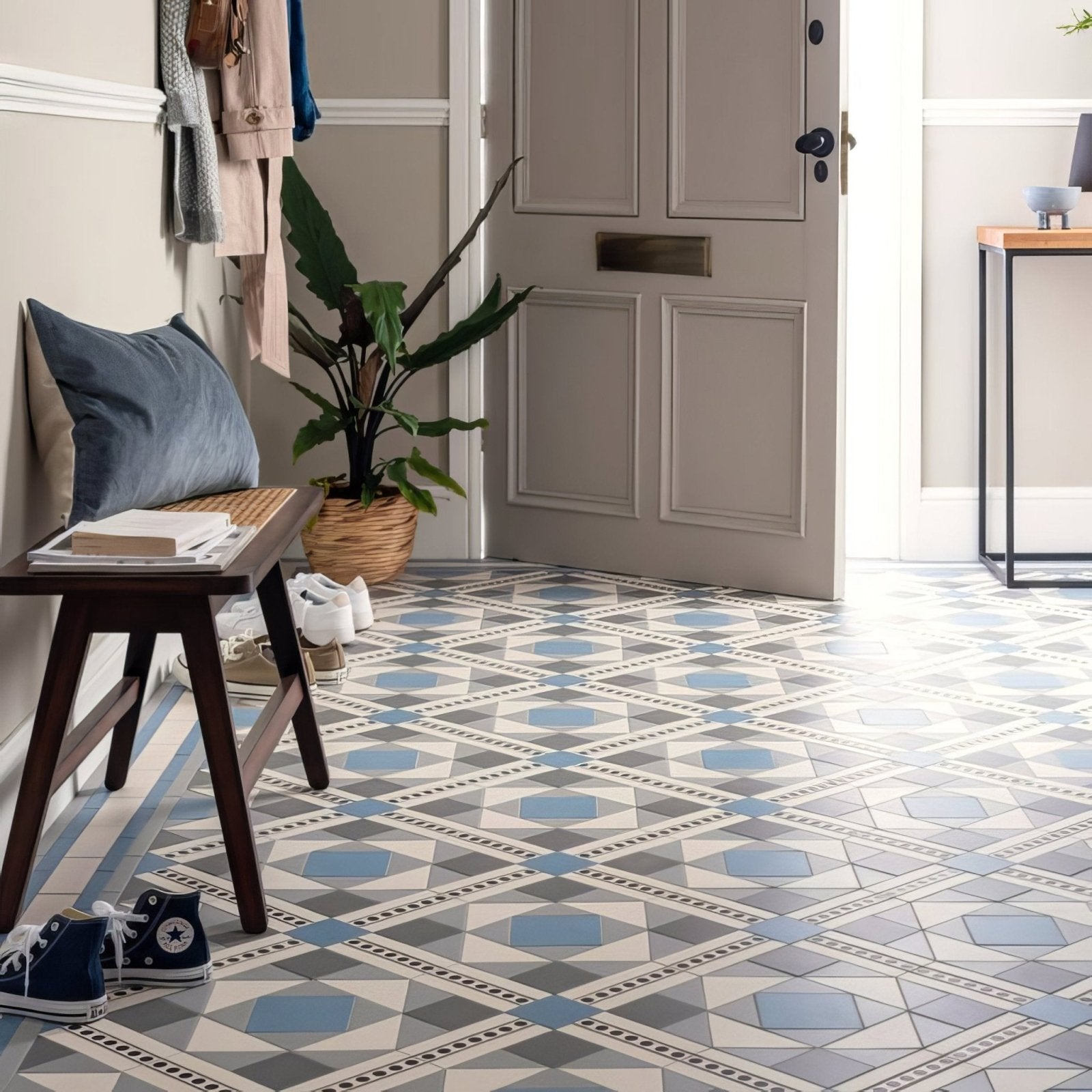 Blue gray and white geometric patterned tile flooring in lindisfarne with melbourne design for modern interiors