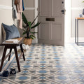 Blue gray and white geometric patterned tile flooring in lindisfarne with melbourne design for modern interiors