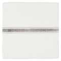 White ceramic square plate with silver metallic grid pattern band in linen border grey on cotton design