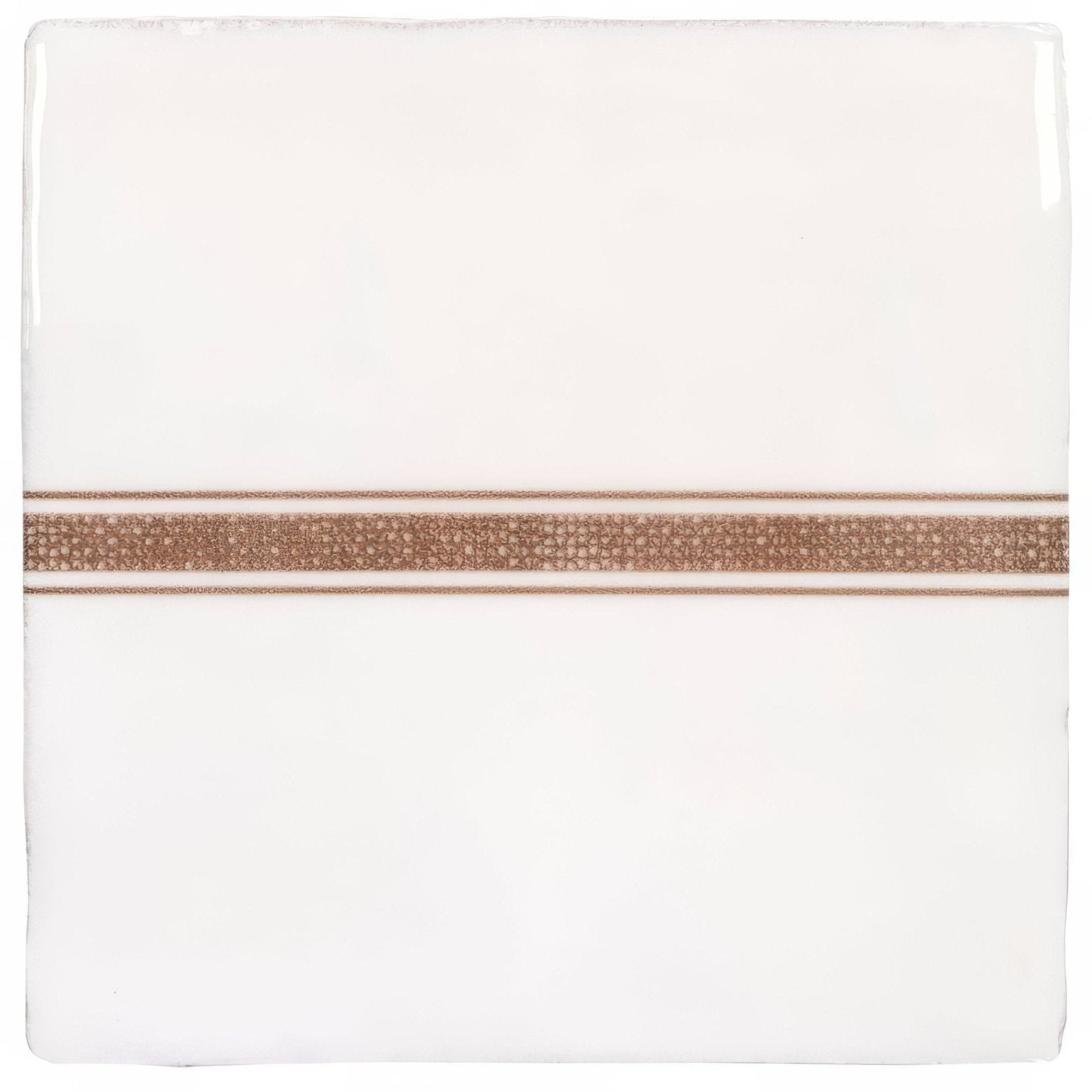 White ceramic coaster with a textured rose gold stripe across the center featuring linen border sepia on cotton design