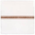 White ceramic coaster with a textured rose gold stripe across the center featuring linen border sepia on cotton design