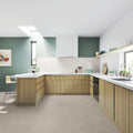 Modern u-shaped kitchen with lisbon warm white shine light wood cabinets white countertops and subway tile backsplash