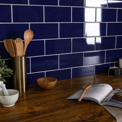 Deep blue glossy subway tiles liso azul gloss 100x200 with white grout for modern wall design