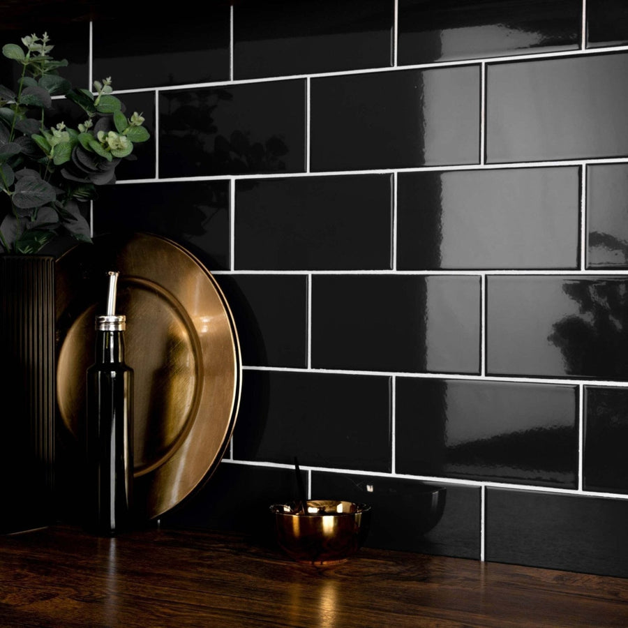 Liso black gloss 100x200 glossy black subway tiles with crisp white grout lines ideal for modern wall surfaces
