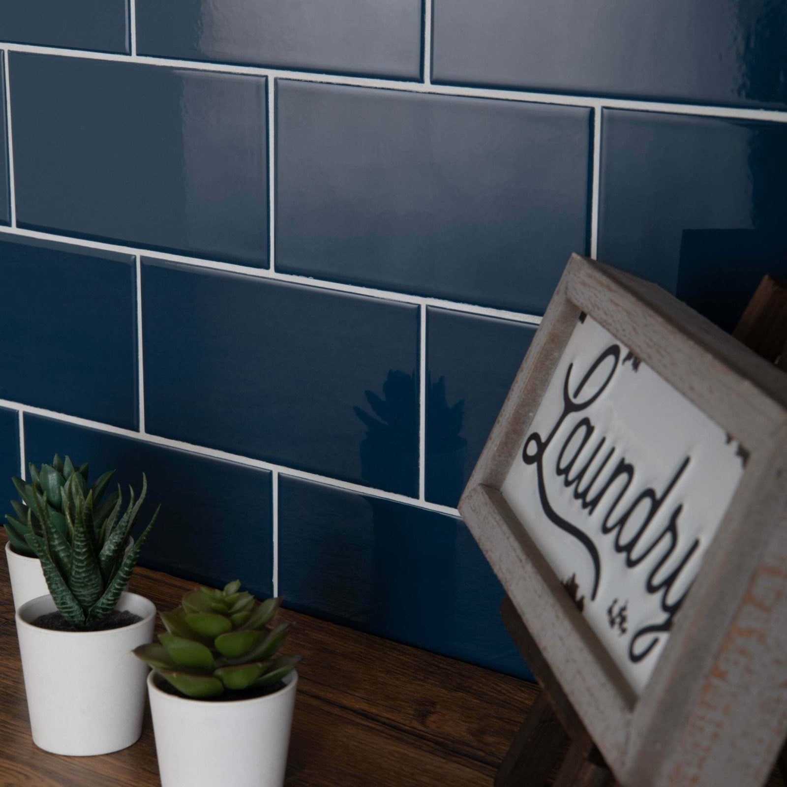 Dark blue glossy subway tiles with white grout in liso marino gloss 100x200 ceramic wall tiles