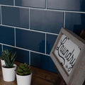 Dark blue glossy subway tiles with white grout in liso marino gloss 100x200 ceramic wall tiles
